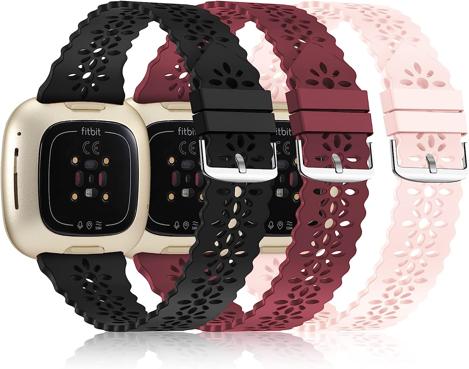 YAXIN 3 Pack Slim Sport Bands Compatible with Fitbit Sense/Fitbit Versa 3 Band/Versa 4 Bands/Fitbit Sense 2 for Women,Soft Silicone Lace Replacement Wristbands for Fitbit Versa Smart Watch  YAXIN C-black/wine red/pink sand  