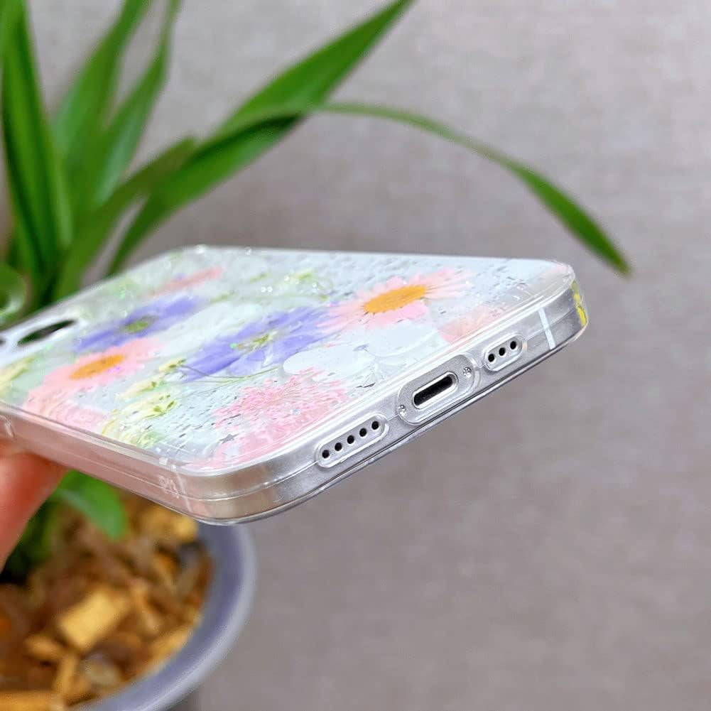 Abbery Designed for Iphone 13 Pressed Flower Case, Cute Clear with Design Soft Silicone Rubber Dried Real Flowers Floral Aesthetic Case for Iphone 13 6.1 Inch (Glitter Blue)  Abbery   