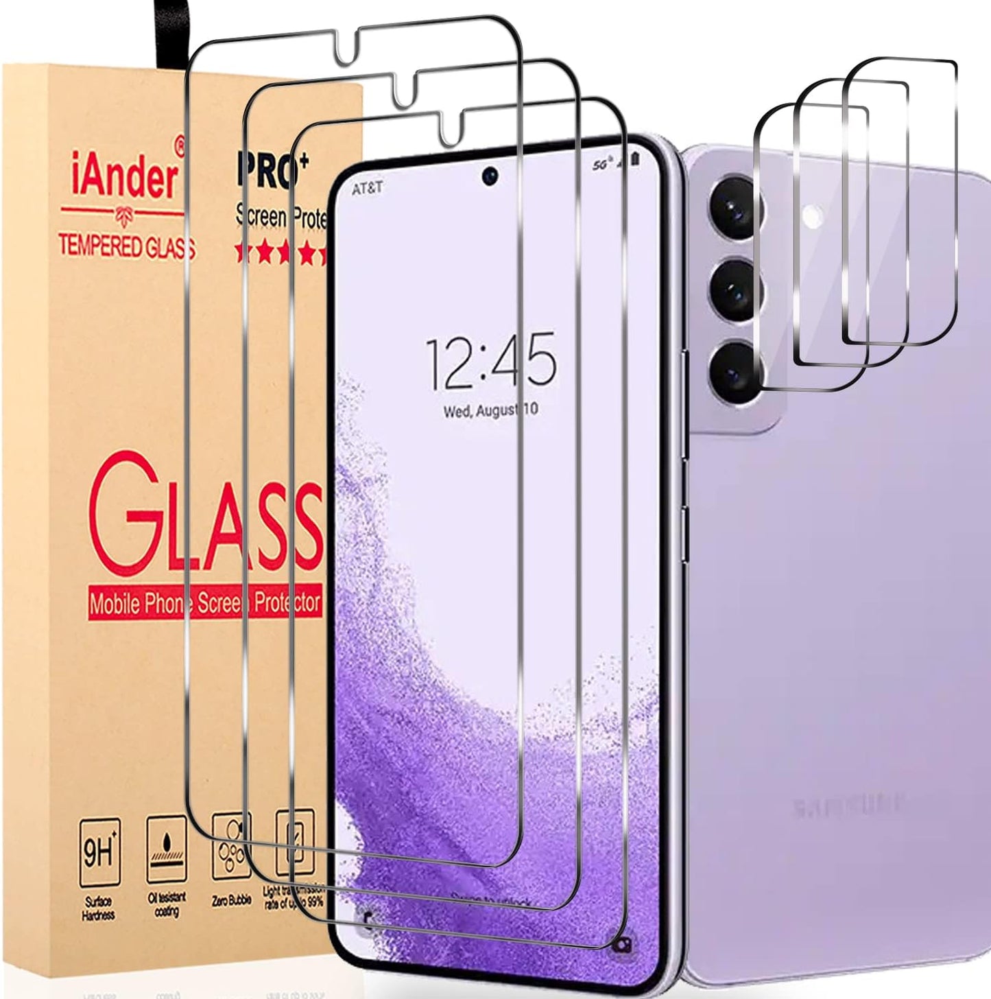 Iander 3 Pack Galaxy S22 Screen Protector, 3 Pack Camera Lens Protector with Easy Installation Tray, Supports Fingerprint Sensor, HD Retina Clarity, Case Friendly  iAnder   