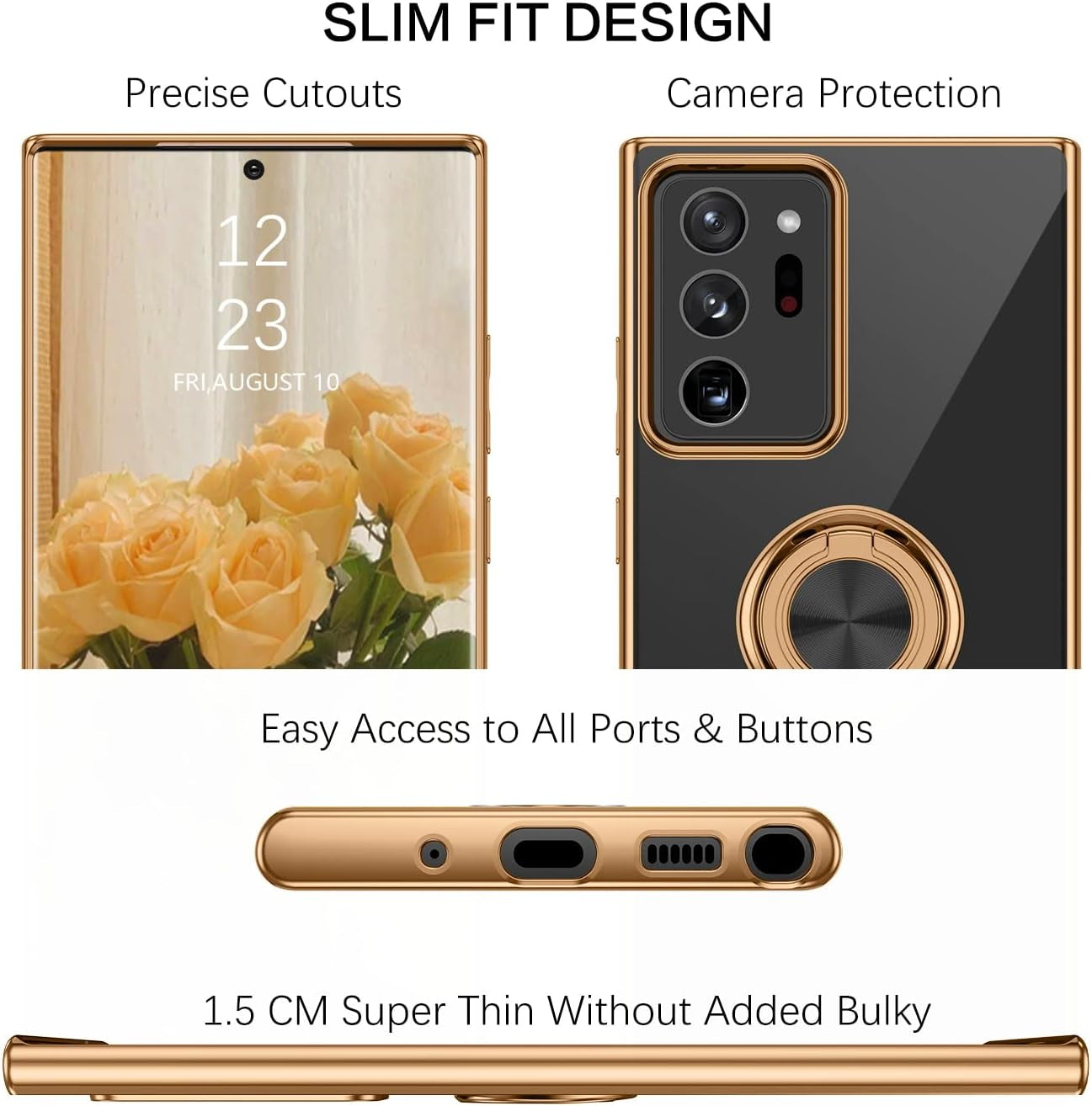 VENINGO Note 20 Ultra Case, Galaxy Note 20 Ultra Case, Slim Fit Soft 360° Ring Holder Kickstand Magnetic Car Mount Supported Shockproof Protective Cover for Samsung Note 20 Ultra 5G 6.9", Black/Golden  VENINGO   