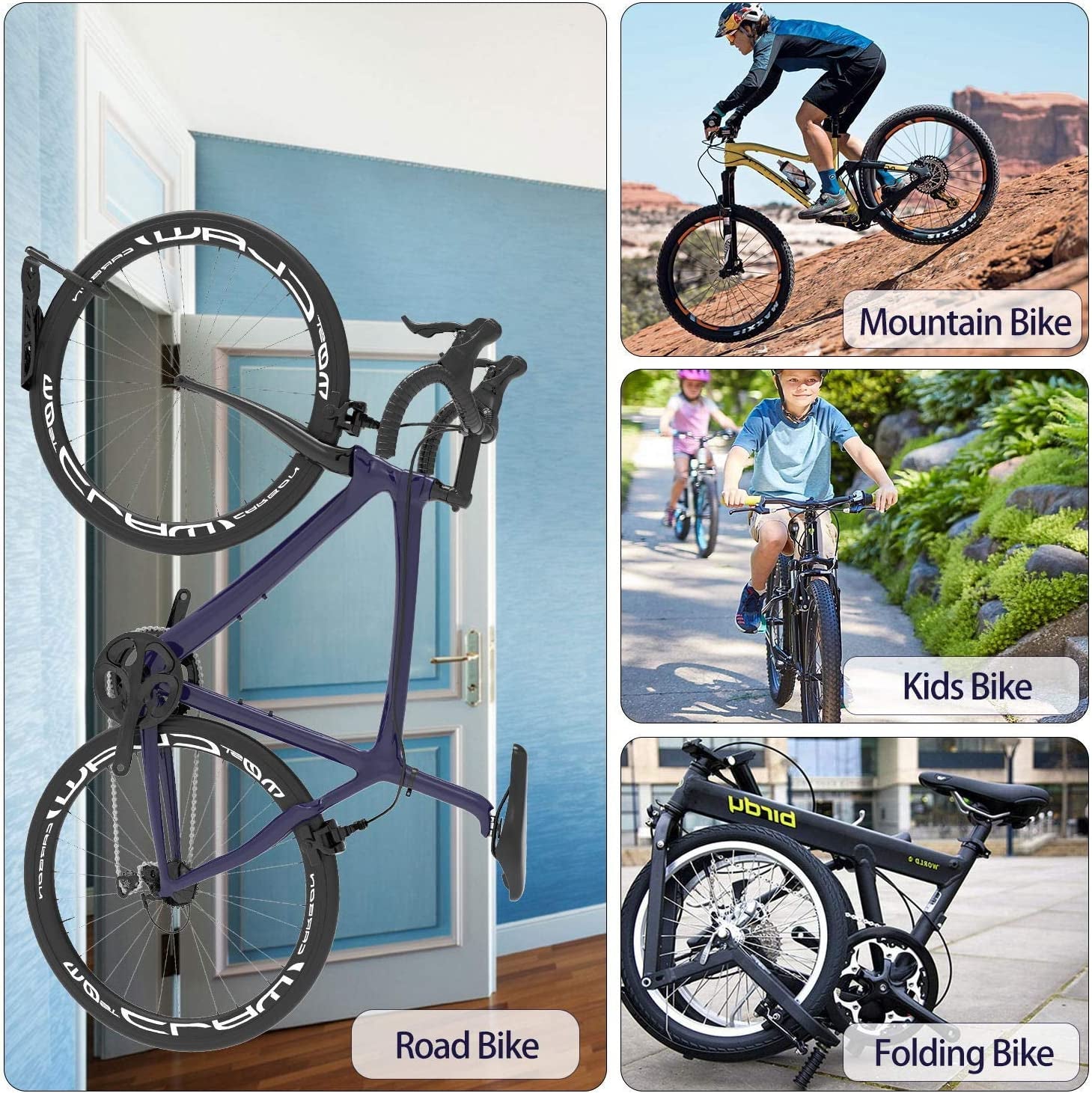4 Pack Garage Bike Rack Wall Mount Organizer Bike Hook Bicycle Hanger Storage System Vertical Hanging for Indoor Shed Easily Hang Heavy Duty 66 Lbs for Road Mountain Hybrid Bikes with 4 Rack Straps  SMALLRT   