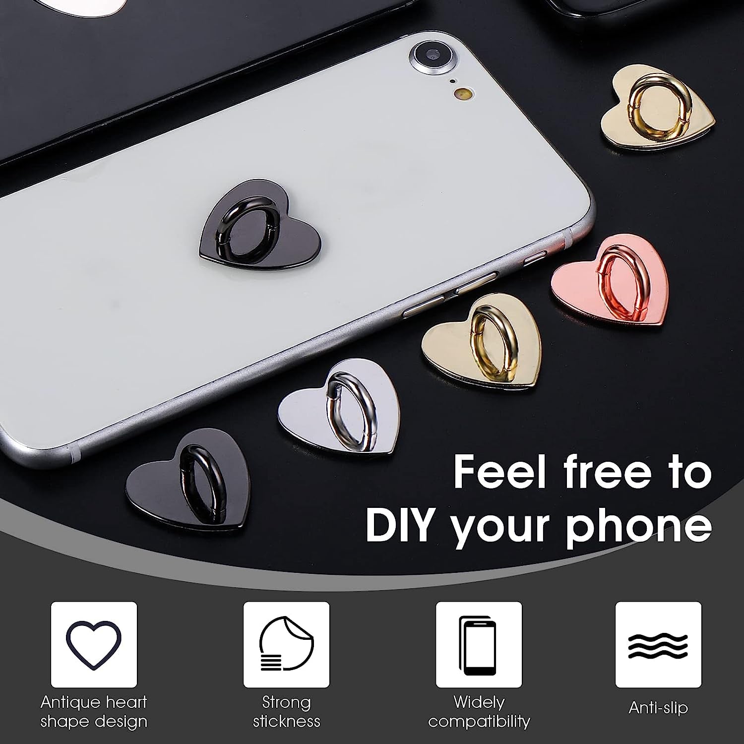 12 Pieces Phone Charm Hook, Cell Phone Finger Ring Phone Keychain Ring Adhesive Metal Phone Finger Grip Loop Stand Heart Holder for DIY Phone Case Pad Tablet Supplies  Grevosea   
