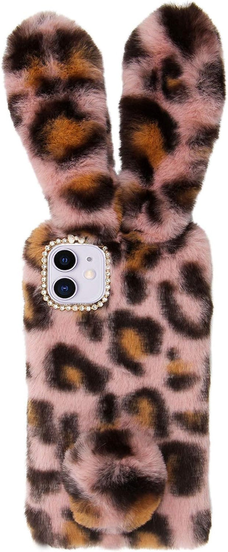 LCHDA Rabbit Case for Oneplus Nord N200 5G, Cute 3D Bunny Ears Soft Furry Hairball Fuzzy Warm Winter Faux Fur Plush Fluffy Flexible TPU Bumper Women Girls Protective Skin Cover - Leopard Pink  LCHDA   