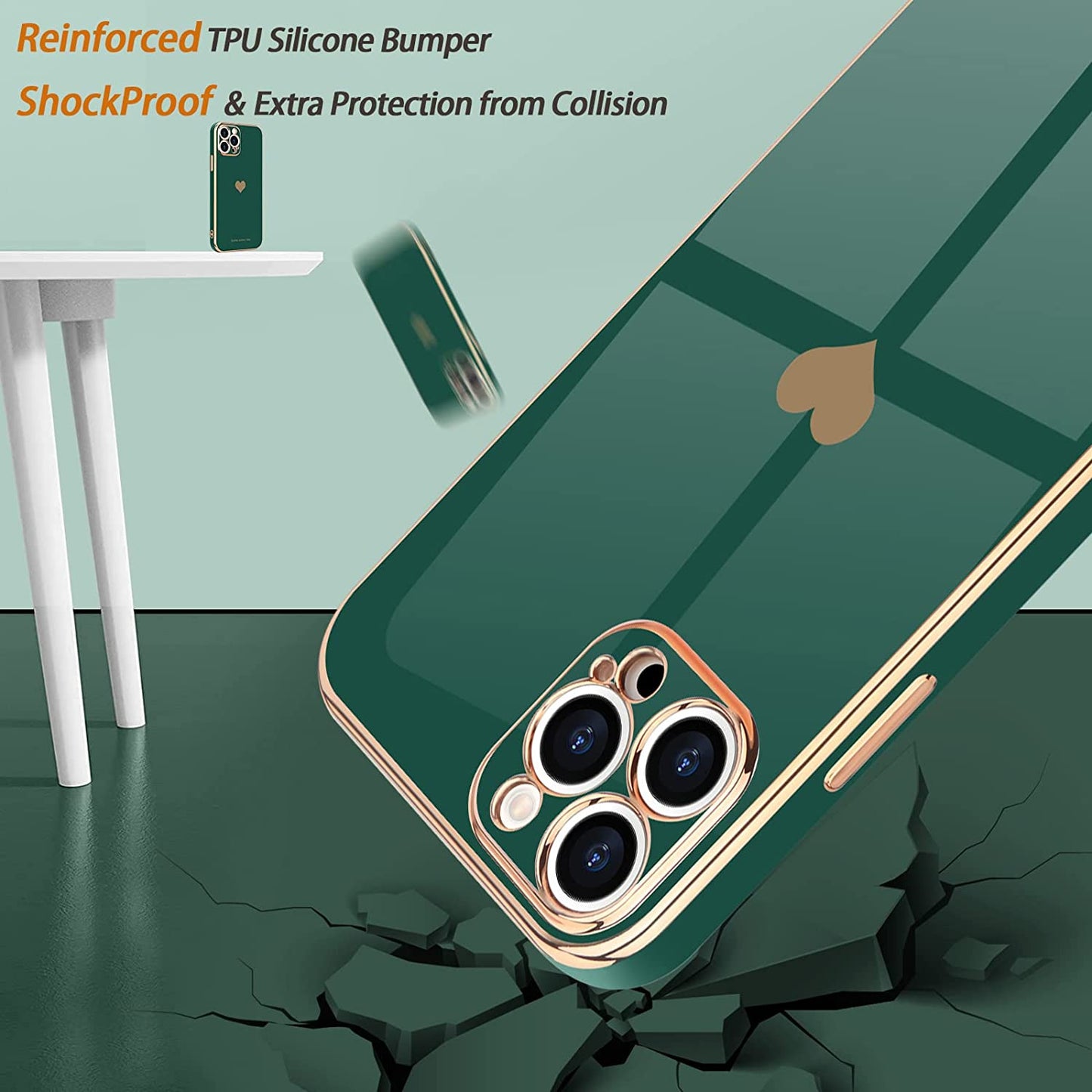 Teageo Iphone 14 Pro Case - Luxury Love Heart Design, Bling Back Cover, Camera Protection, Shockproof, Blackish Green  janzee   