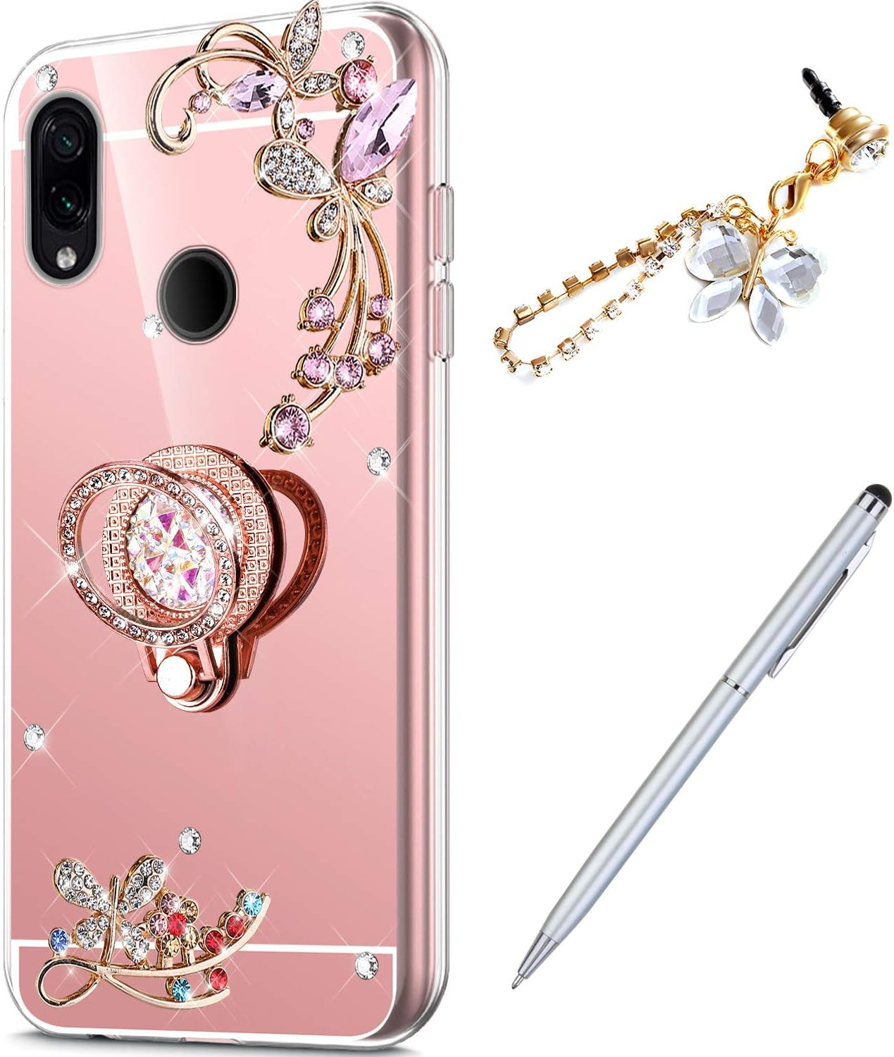 Case for Xiaomi Redmi Note 7 Diamond Case,Crystal Inlaid Diamond Flower Rhinestone Diamond Glitter Bling Mirror TPU Case & Ring Stand +Touch Pen Dust Plug for Xiaomi Redmi Note 7 Mirror Case,Rose Gold  ikasus   