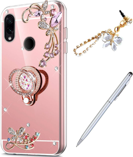 Case for Xiaomi Redmi Note 7 Diamond Case,Crystal Inlaid Diamond Flower Rhinestone Diamond Glitter Bling Mirror TPU Case & Ring Stand +Touch Pen Dust Plug for Xiaomi Redmi Note 7 Mirror Case,Rose Gold  ikasus   