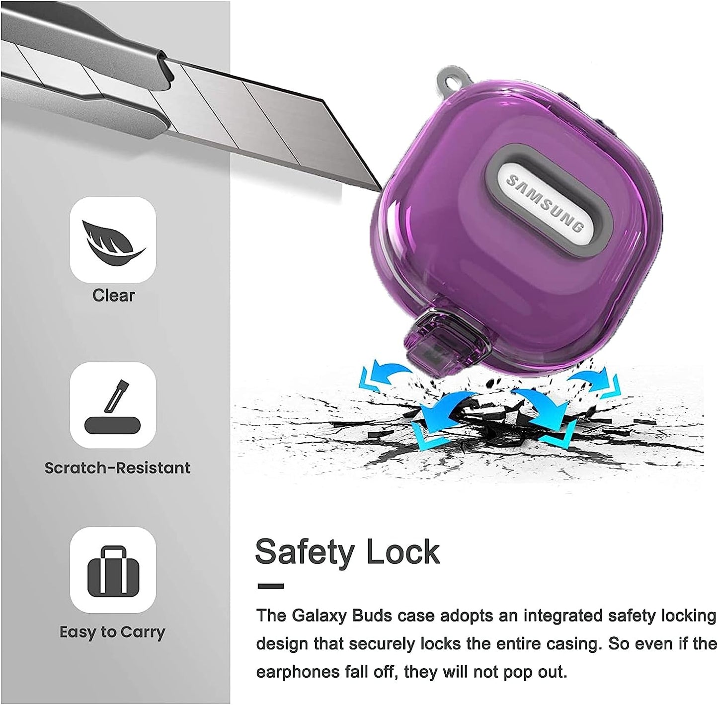 Miimall [Upgrade Secure Lock] Case Compatible for Samsung Galaxy Buds 2/Galaxy Buds Pro 2/ Galaxy Buds Live/Galaxy Buds Pro Case with Lanyard &Carabiner Accessories, Clear Replacement Case (Purple)  Miimall   