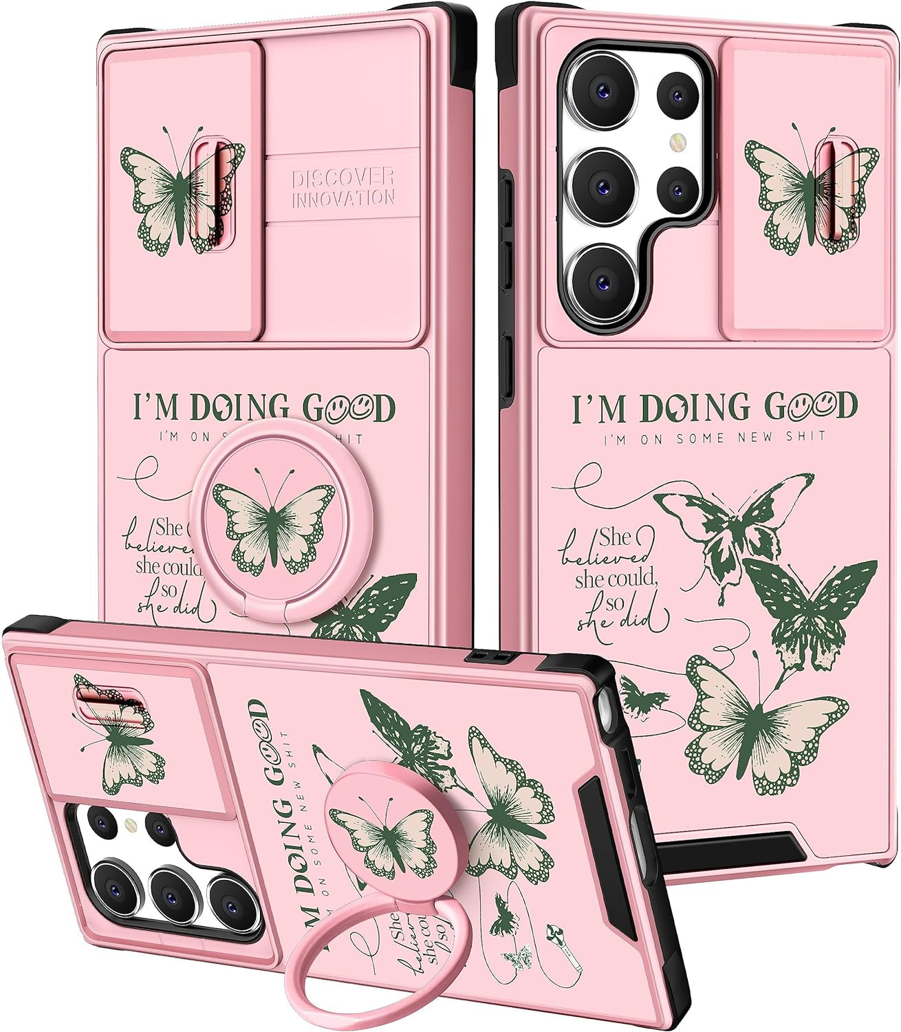 Funermei (2In1 for Samsung Galaxy S22 Ultra Case for Women Cute Cats Girls Animals Phone Cover Kawaii Girly Blue Pretty Design with Camera Cover+ Ring Stand Funda for Galaxy S22 Ultra Case 5G  Funermei 1-For S22 Ultra-Green Butterfly  