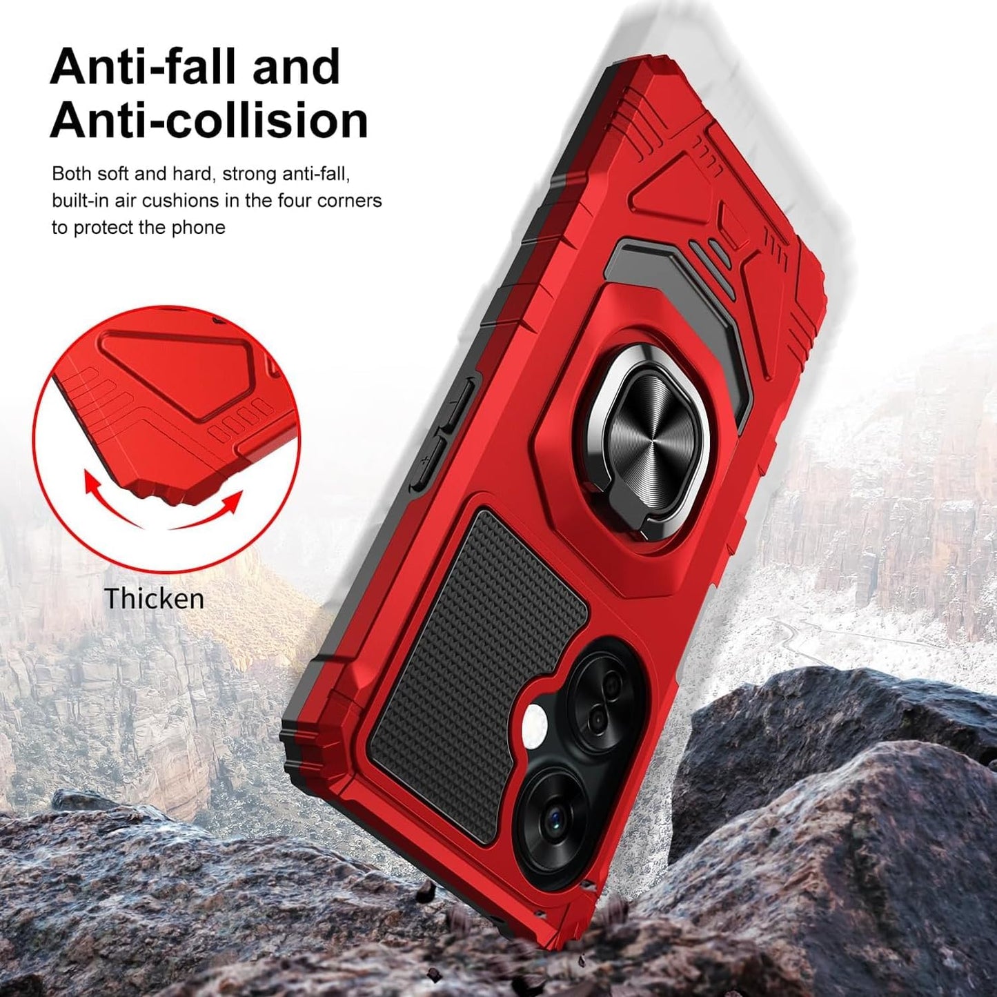 TJS Compatible for Oneplus Nord N30 5G Case, with Tempered Glass Screen Protector, Metal Ring Magnetic Support Kickstand Heavy Duty Drop Protection Cover Phone Case (Red)  TJS   