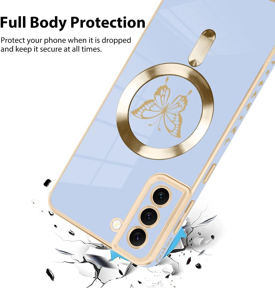 Bonoma for Samsung Galaxy S21 plus Case [Support for Magsafe] Butterfly Pattern Magnetic Plating Screen Protector Luxury Elegant Case Camera Protector Shockproof Protective Corner Back Cover -Blue  Bonoma   