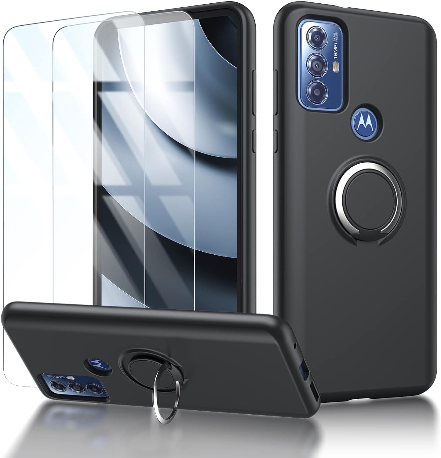 For Motorola Moto G Play 2023 | G Power 2022 | G Pure 2021 Case: with 2 Pack Tempered Screen Protector & Built in 360° Adjustable Ring Kickstand Shockproof Protection Soft TPU Silicone Phone Cover  TUNKARMOR Black  