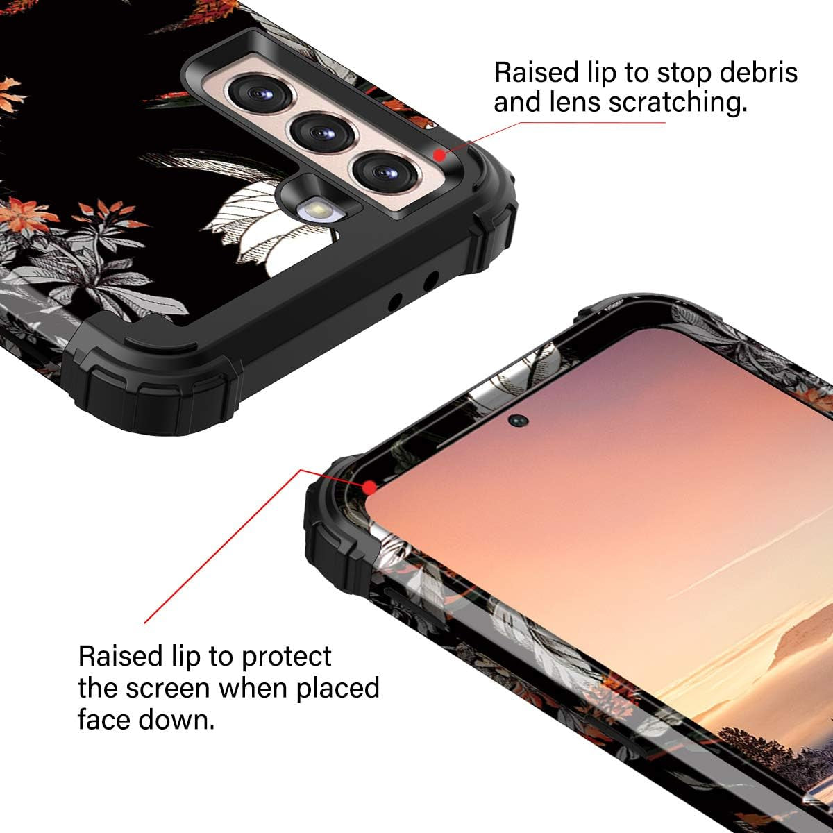 Casetego for Galaxy S21 5G Case,Floral Three Layer Heavy Duty Sturdy Shockproof Soft Tpu+Hard PC Protective Cover Case for Samsung Galaxy S21 5G 6.2 Inch,Orange/Black  Casetego   