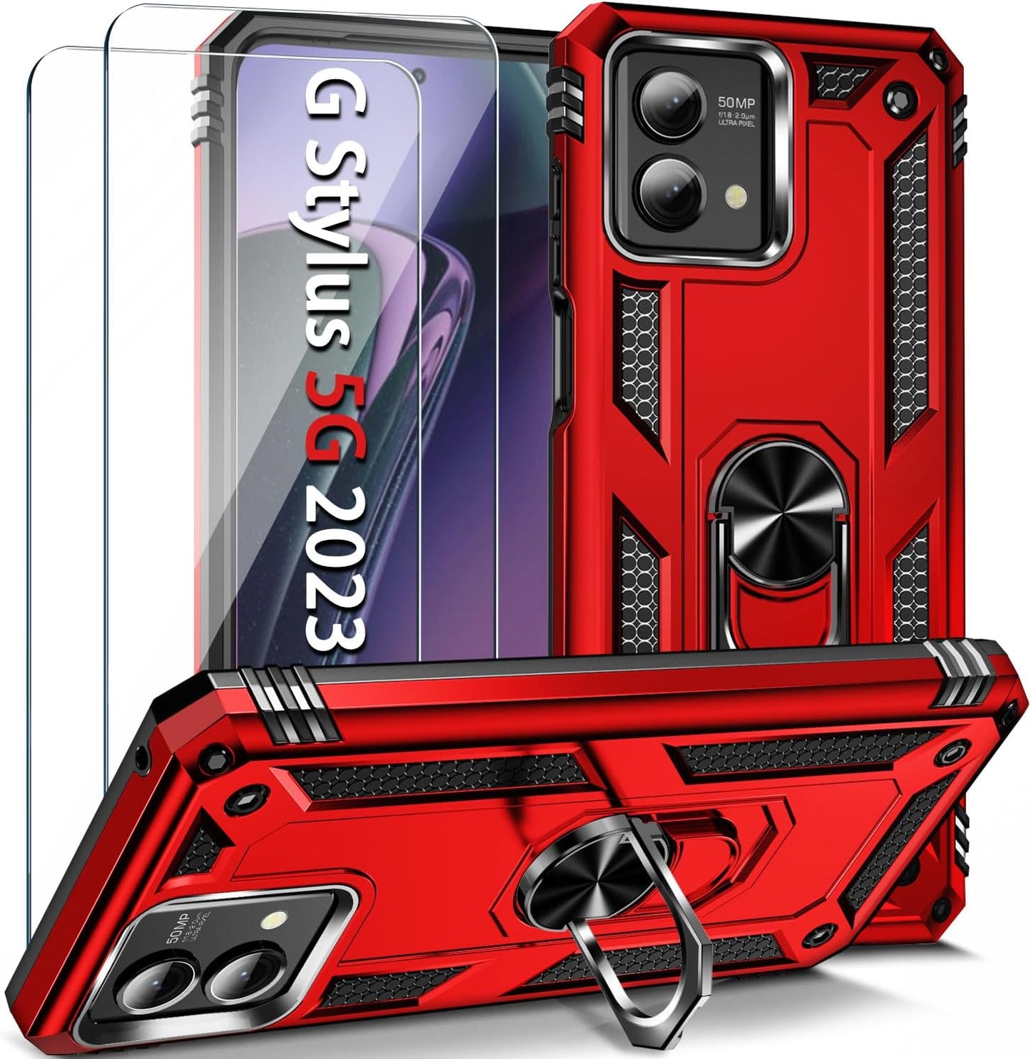 𝟮𝟬𝟮𝟯 𝗡𝗘𝗪 for Moto G Stylus 5G 2023 Case with [2 Packs] Tempered Glass Screen Protector,[Military-Grade] Rugged Full Body Shockproof Case with Kickstand for Motorola Moto G Stylus 5G 2023,Purple  Pevezeda Red  