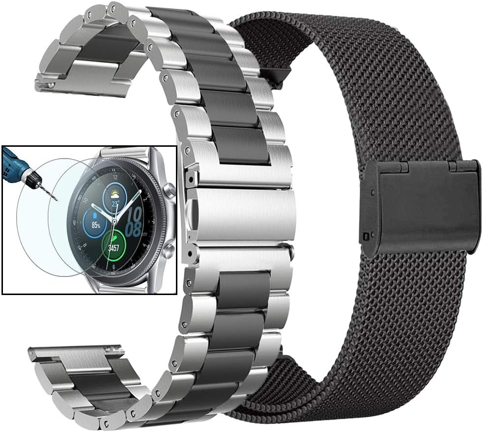Valkit Compatible Samsung Galaxy Watch 42Mm/Galaxy Watch 5/4 40Mm 44Mm/Galaxy Watch Pro 5 45Mm/Galaxy Watch 3 41Mm Band, 2 Pack 20Mm Stainless Steel Wristbands Men Women for Galaxy Watch Active  VKT 2 Black/Sliver 45mm/46mm 