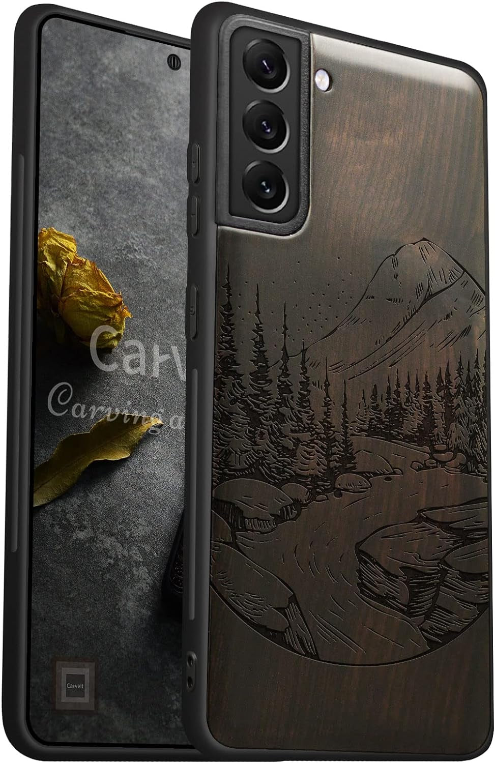 Carveit Wood Case for Galaxy S21 FE Case [Natural Wood & Black Soft TPU] Shockproof Protective Cover Unique Wooden Case Compatible with Samsung S21 FE 5G (Natural Landscape-Blackwood)  Carveit   