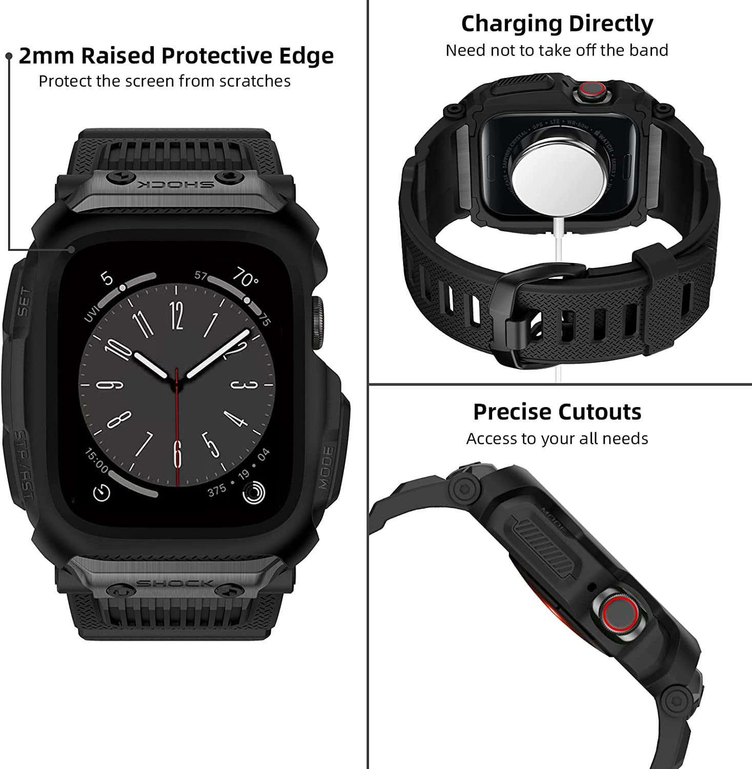 OUHENG Compatible with Apple Watch Band 45Mm 44Mm 42Mm with Case, Men Rugged Sport Military TPU with Metal Pieces Strap with Bumper Cover for Iwatch Series SE2 SE 8 7 6 5 4 3 2 1, Matte Black  OUHENG   