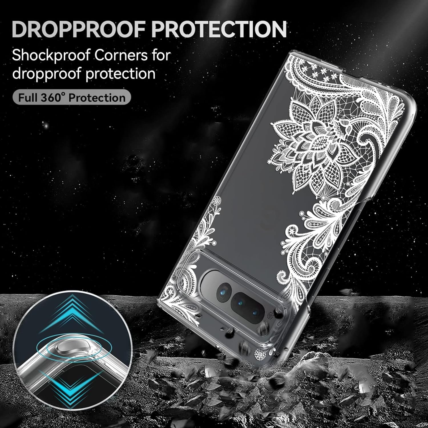 Osophter for Google Pixel Fold 5G Case Clear: Flower Floral for Girls Women Shock-Absorption Transparent Back Cell Phone Cover Cases for Google Pixel Fold 5G(White Lace)  Osophter   