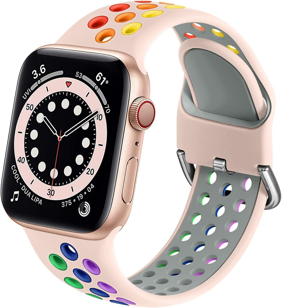 Muranne Sport Band Compatible with Apple Watch 38Mm 40Mm 41Mm 42Mm 44Mm 45Mm 49Mm for Women Men, Sport Breathable Soft Silicone Replacement Strap for Iwatch SE Ultra Series 8 7 6 5 4 3 2 1, S/M M/L  Muranne Pink/Rainbow 38mm/40mm/41mm M/L 