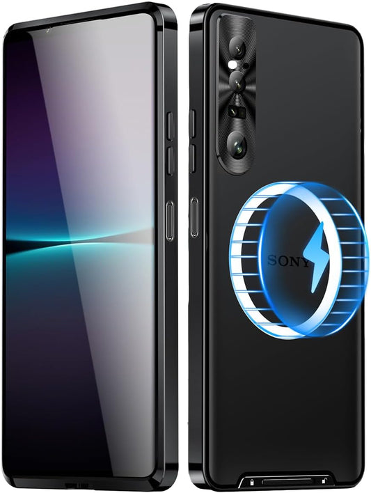 Metal Case for Sony Xperia 1 V (2023), Military-Grade Metal Bumper Shockproof Translucent Cover Matte PC Back Cover with Magnetic Wireless Chager Camera Lens Protection for Sony Xperia 1 V (Black)  YZBYFON   