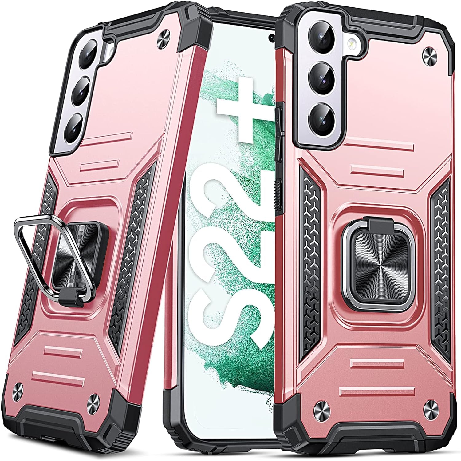 Anqrp Galaxy S22 plus Case, Military Grade Protective Phone Case Cover with Rotatable Metal Ring Kickstand [Support Magnet Mount] Compatible with Samsung Galaxy S22 Plus, Blue  Anqrp Rose Gold  