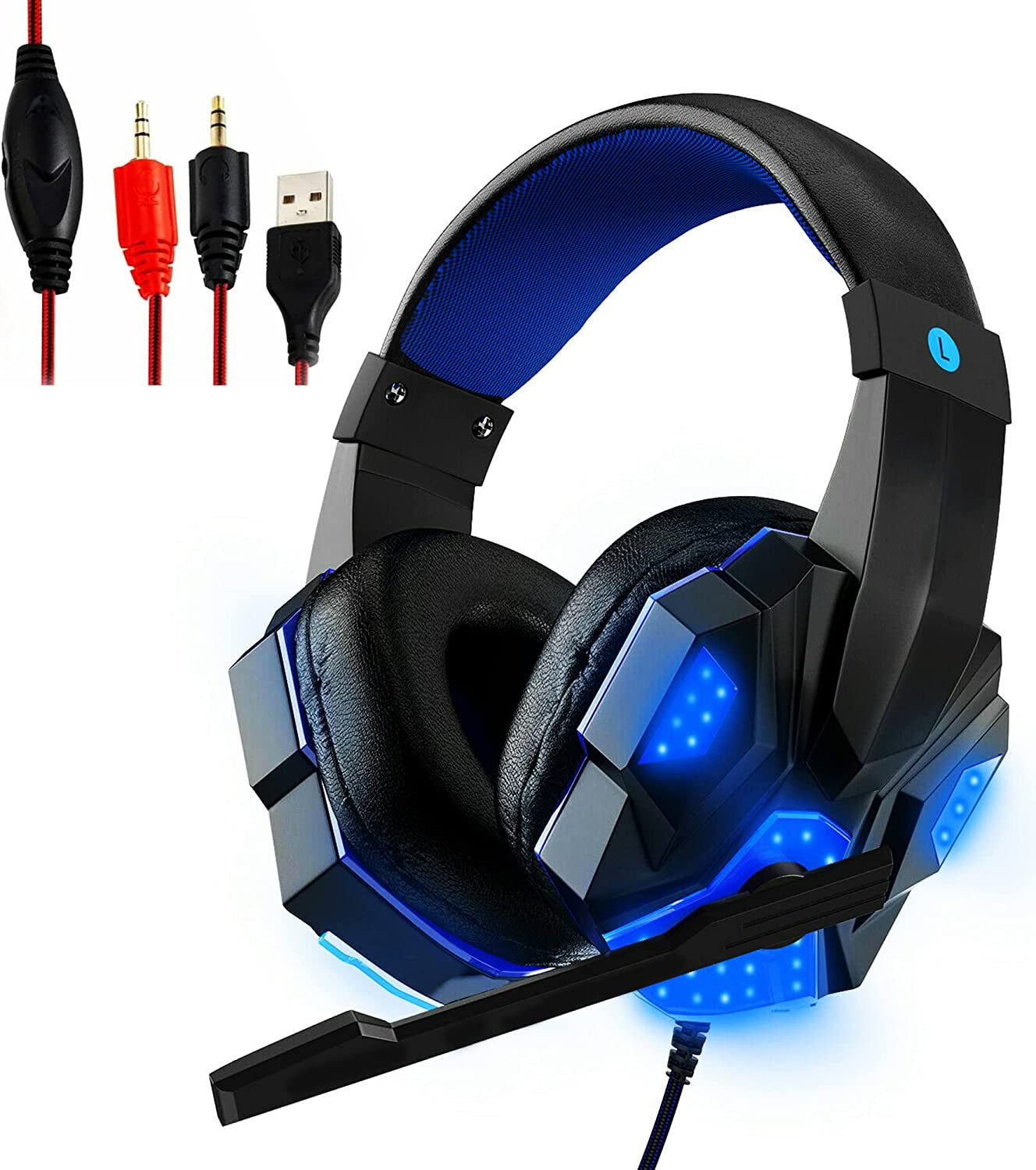 5 CORE 2Pcs Gaming Headset for PS4 PC One PS5 Console Controller, Noise Cancelling Microphone over Ear Stereo Earphones with Mic, LED Light, Bass, Earmuffs for Laptop NES Games Red & Blue HDP GM1 R+B  5 Core Inc. BLUE  