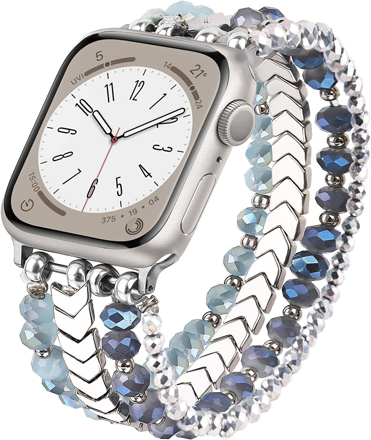 MOFREE Beaded Bracelet Compatible for Apple Watch Band 38Mm 40Mm 41Mm 42Mm 44Mm 45Mm Women,Fashion Handmade Elastic Stretch Strap for Iwatch Series SE 8 7 6 5 4 3 2 1  MOFREE Blue/Silver Crystal 42mm/44mm/45mm-S/M(5.5"-6.3"） 