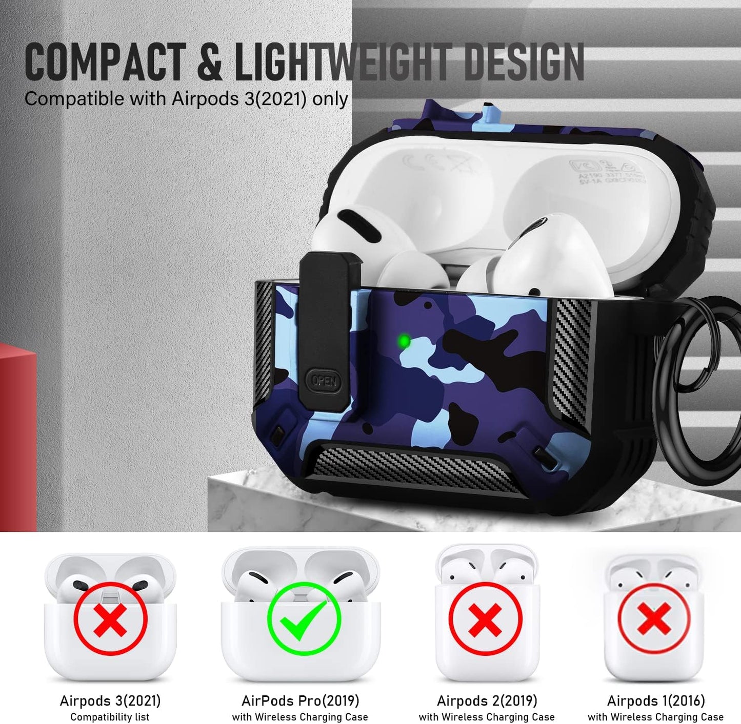 Youskin Airpod Pro Case Secure Lock Clip Case,Carbon Fiber Military Armor Series Full-Body Rugged Hard Shell Airpod Pro Case for Men Women with Keychain，Blue Camo  Youskin   