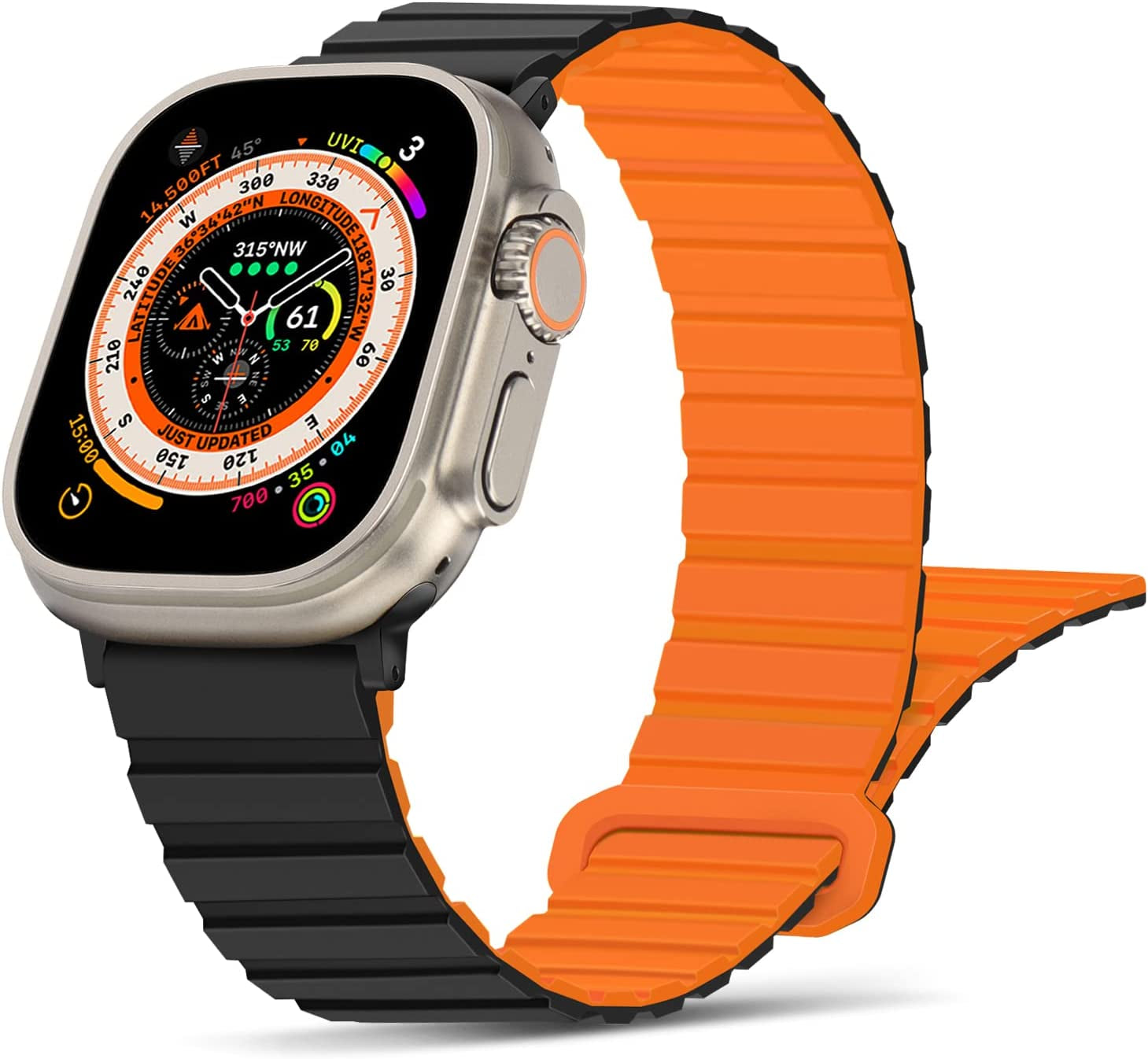Tasikar Compatible with Apple Watch Band 49Mm 45Mm 44Mm 42Mm Silicone Magnetic Loop Bands [Double Sided Wearable] Designed for Apple Watch Ultra Series 8 7 (45Mm) SE 6 5 4 (44Mm) 3 2 1 (42Mm), Grey Orange  Tasikar Black Orange 42mm/44mm/45mm/49mm 