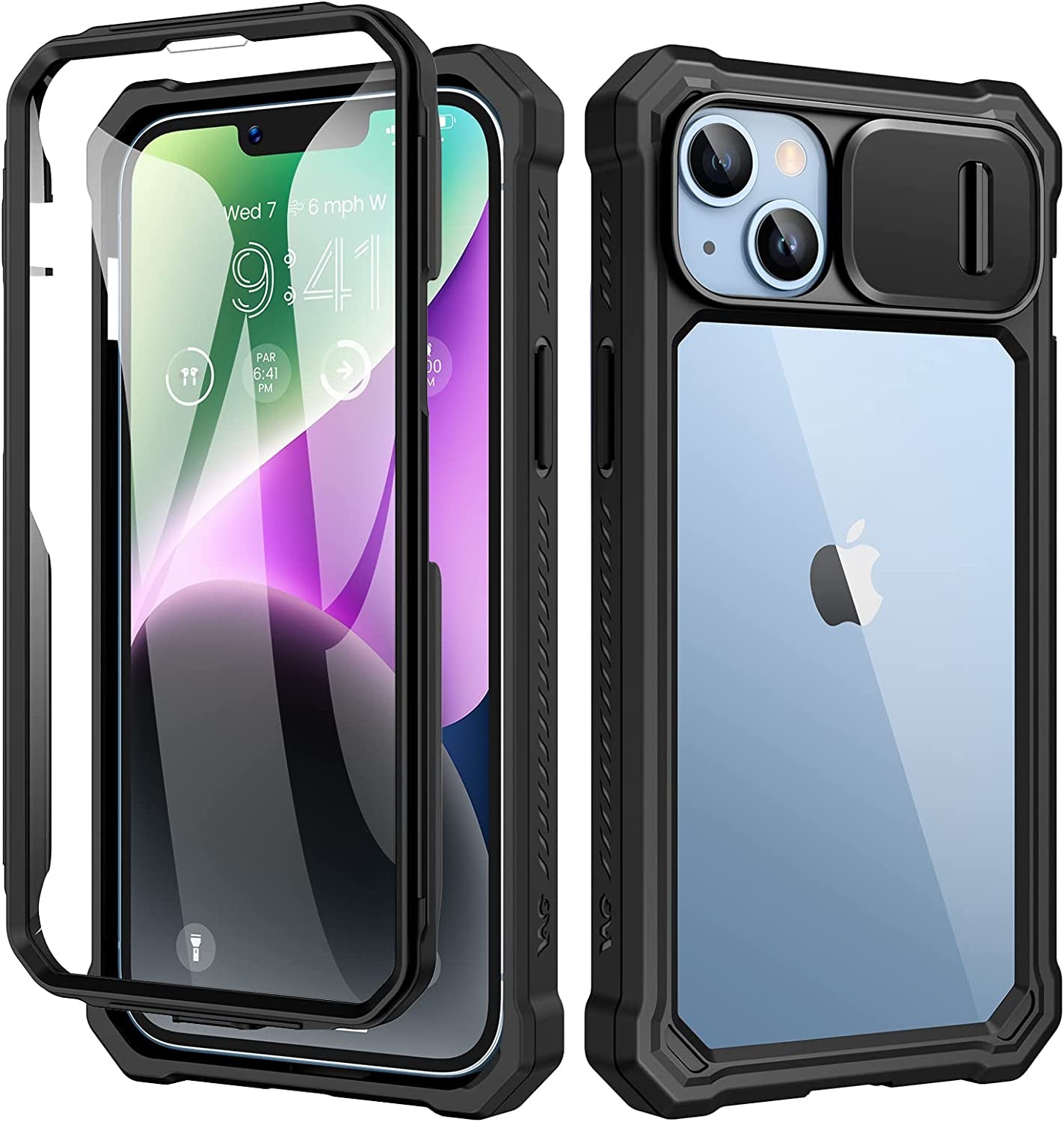 Ruky for Iphone 14 plus Case with Slide Camera Cover, Iphone 14 plus Case [Built-In Screen Protector], Full Body Case Heavy Duty Protection Shockproof Cover Girls Women for Iphone 14 plus 6.7", Purple  Ruky Black  