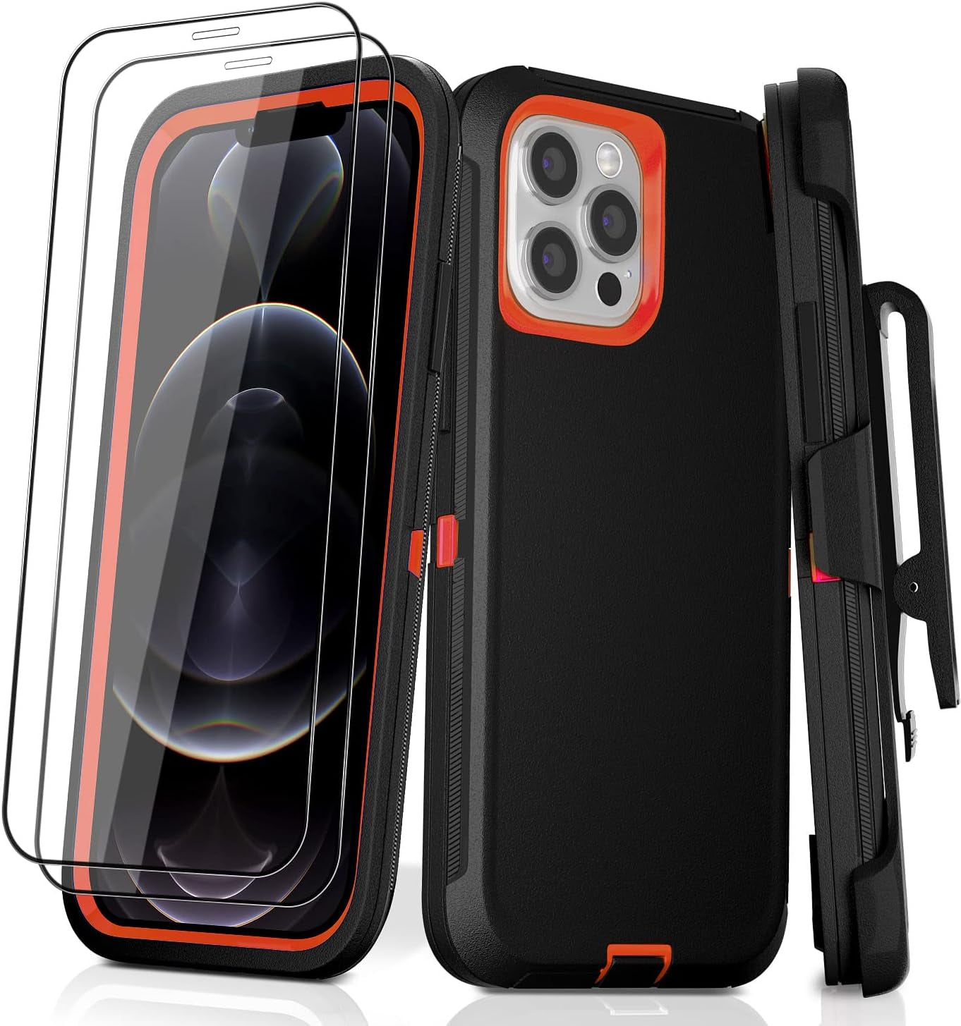 DHCALL for Iphone 12 Case & Iphone 12 Pro Case (6.1"), with 2 Tempered Glass Screen Protector,Belt Clip Holster, [Full Body Drop Protection] Shockproof Tough Durable 6.1 Inch（Black Green+Clip）  DHCALL   