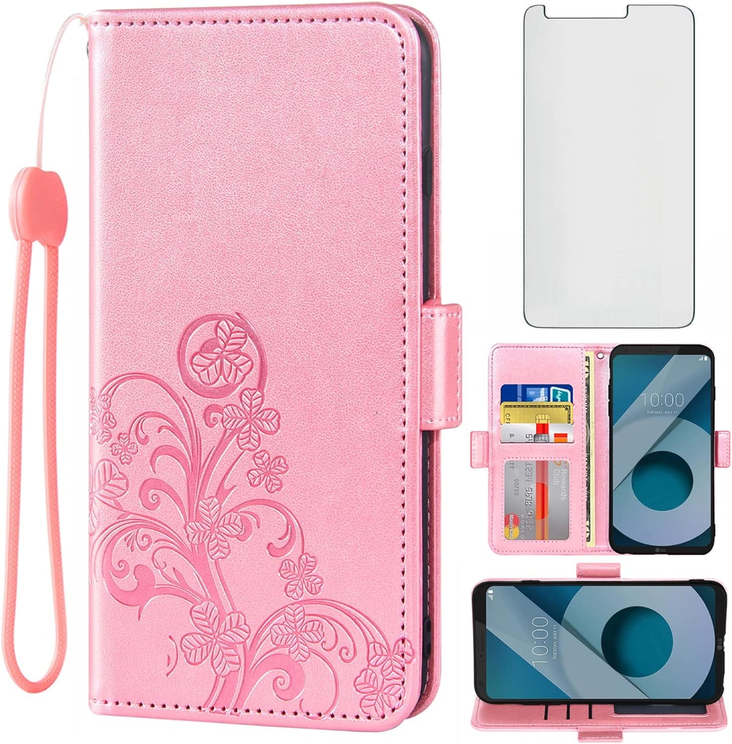 Asuwish Compatible with LG Q6/Q6 Plus/Q6 Mini Wallet Case and Tempered Glass Screen Protector Flip Purse Accessories Wrist Strap Credit Card Holder Cell Phone Cover for Q6+ Alpha Prime Women Men Blue  Asuwish Rose Gold  