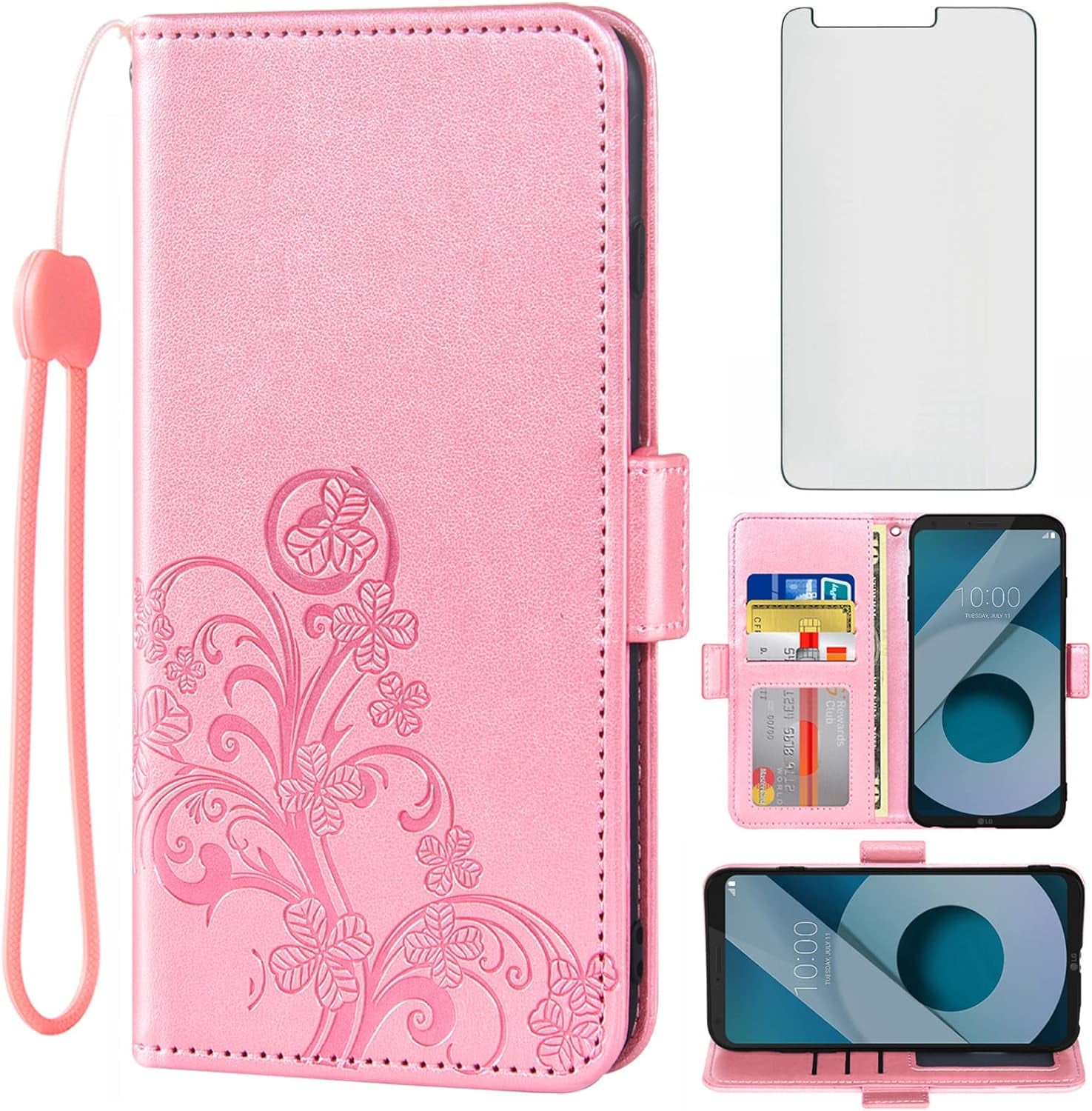 Asuwish Compatible with LG Q6/Q6 Plus/Q6 Mini Wallet Case and Tempered Glass Screen Protector Flip Purse Accessories Wrist Strap Credit Card Holder Cell Phone Cover for Q6+ Alpha Prime Women Men Blue  Asuwish Rose Gold  