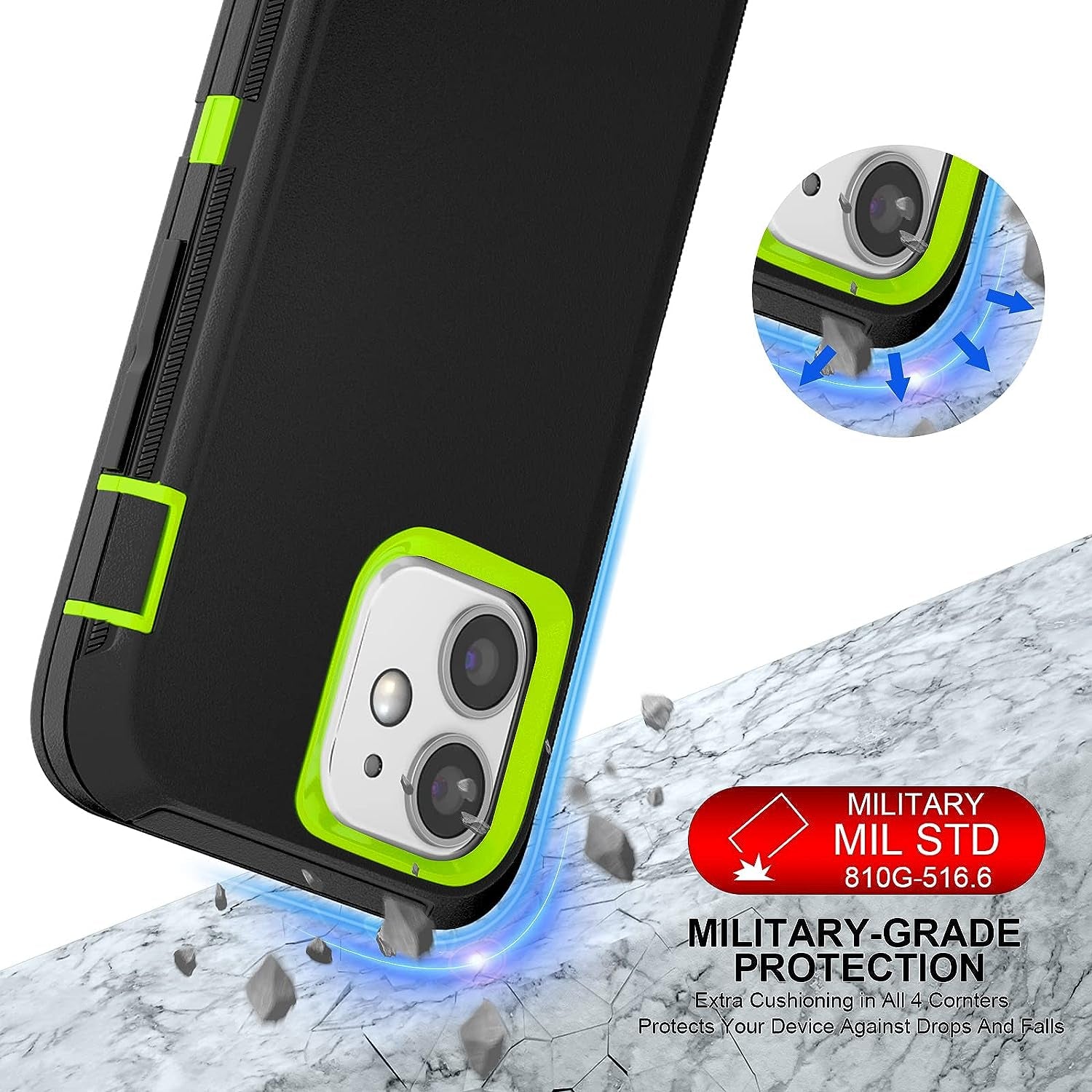 DHCALL for Iphone 12 Case & Iphone 12 Pro Case (6.1"), with 2 Tempered Glass Screen Protector,Belt Clip Holster, [Full Body Drop Protection] Shockproof Tough Durable 6.1 Inch（Black Green+Clip）  DHCALL   