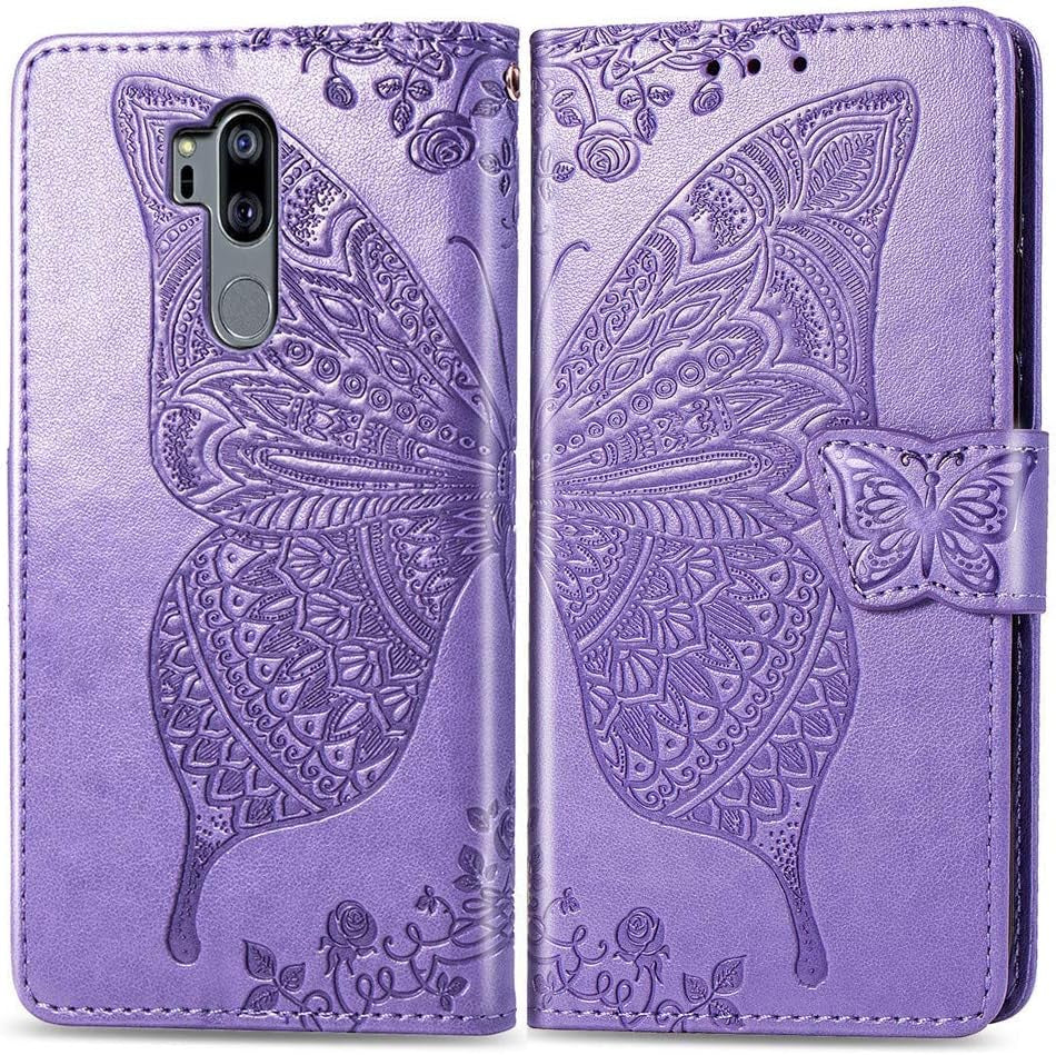 LHYIN LG G7 Case,Flip Wallet PU Leather Embossed Flower Butterfly Case Folding Kickstand Cover with Card Slots for LG G7 Thinq/Lg G7 [Purple]  LHYIN Lg G7-04  