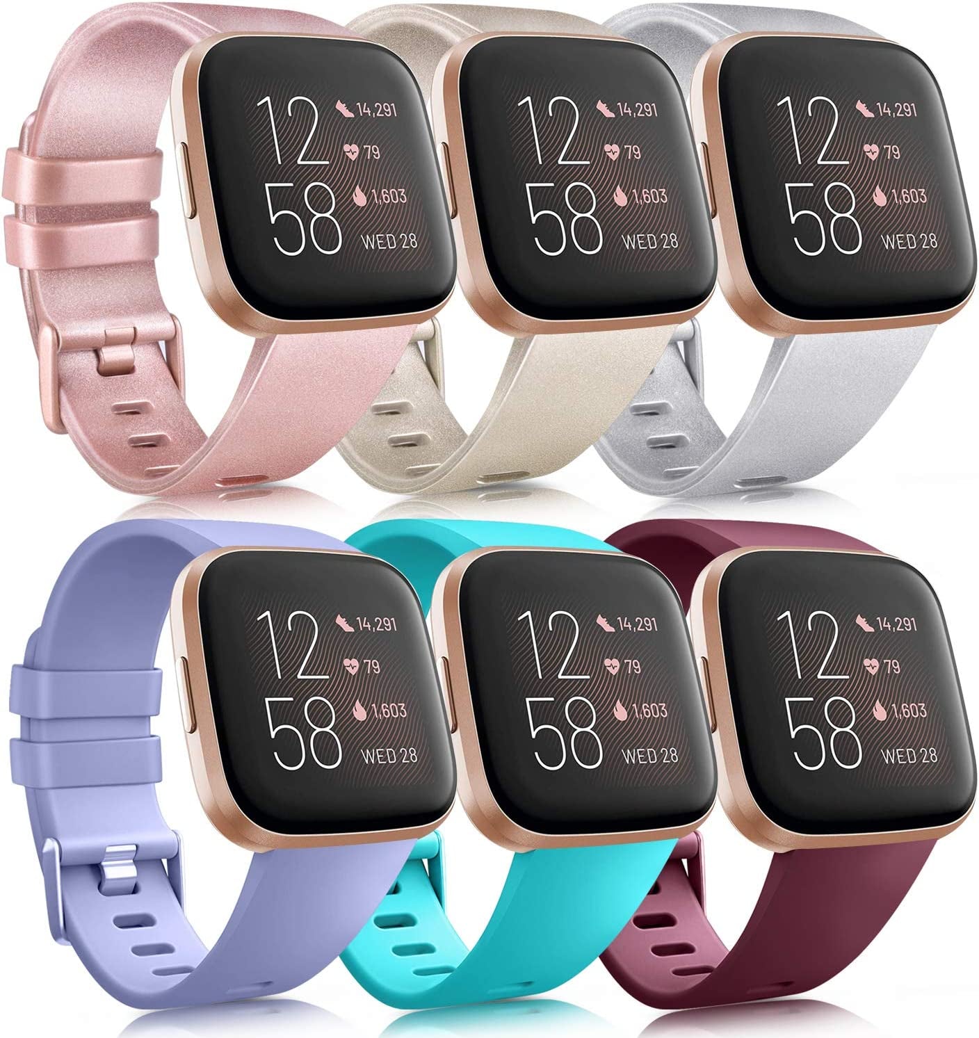 6 Pack Sport Bands Compatible with Fitbit Versa 2 / Versa/Versa Lite/Versa SE, Classic Soft Silicone Replacement Wristbands for Smart Watch Women Men (6 Pack A, Small)  AK Rose gold/Champagne gold/Silver/Wine red/Teal/Lavender Small 