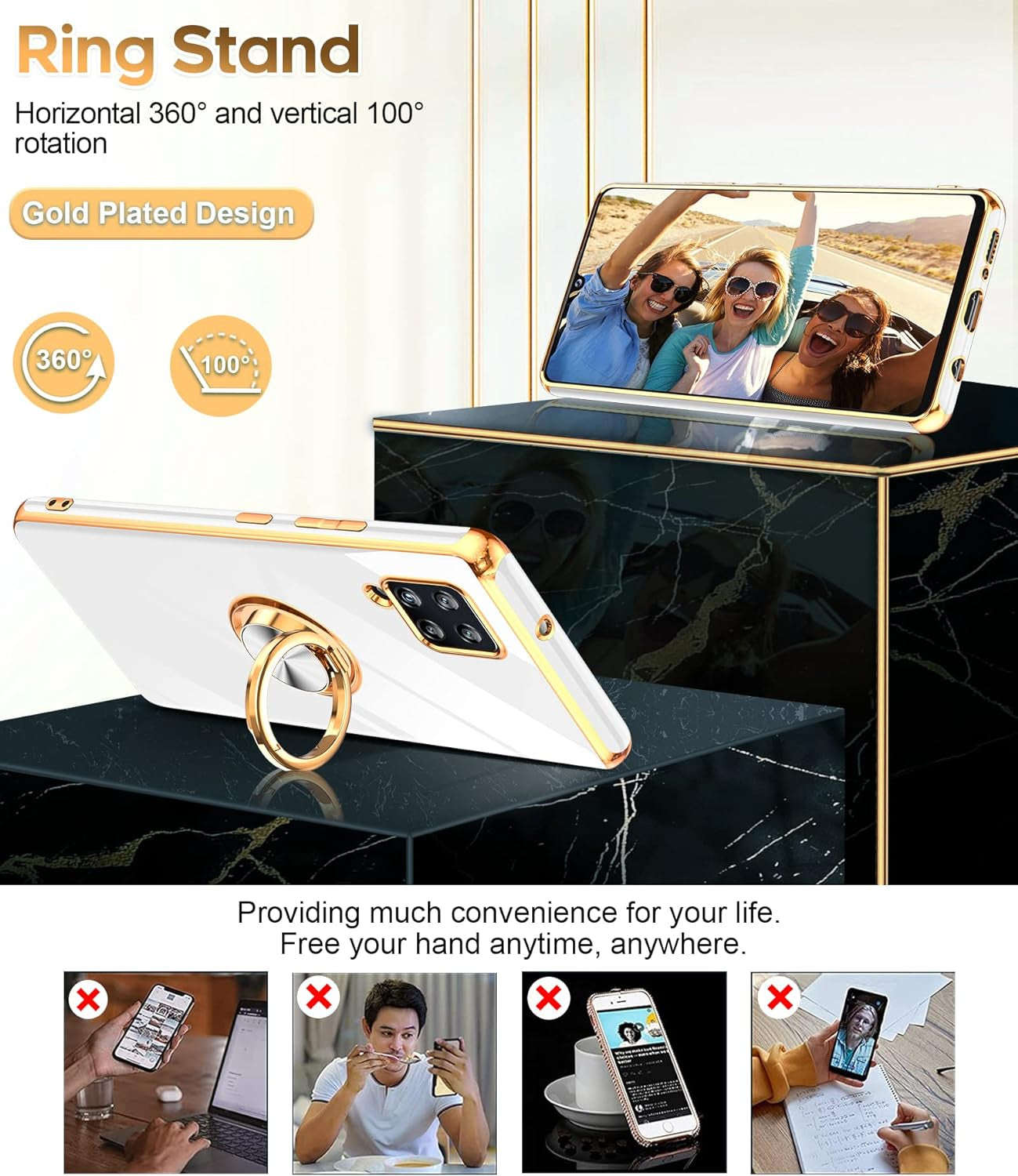 Leyi for Samsung Galaxy A42 5G Case with Tempered Glass Screen Protector [2 Pack] 360° Rotatable Ring Holder Magnetic Kickstand, Plating Rose Gold Edge Protective Case, White  LeYi   
