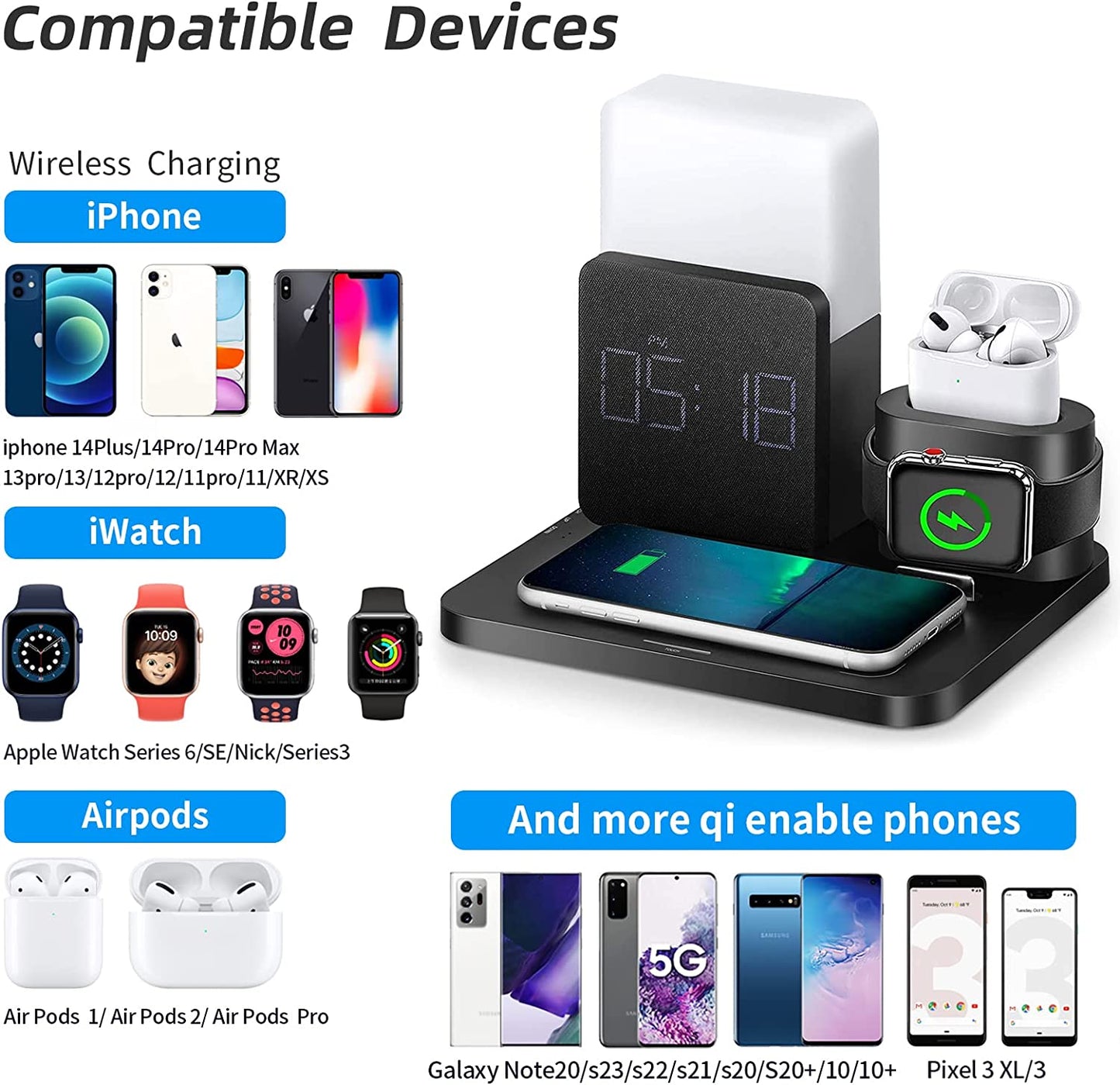 Wireless Charger,3 in 1 Fast Charging Station with Digital Alarm Clock and Night Light,Compatible for Iphone 14/14 Pro/13/13 Pro/12/12Pro Max/11 Series/Xs Mas/Xr/Xs/8/8 Plus/Iwatch/Airpods/Samsung  LAVONE   