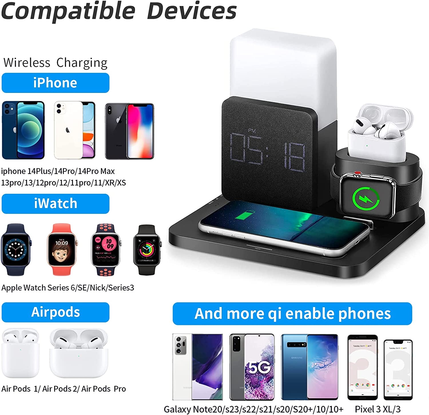 Wireless Charger,3 in 1 Fast Charging Station with Digital Alarm Clock and Night Light,Compatible for Iphone 14/14 Pro/13/13 Pro/12/12Pro Max/11 Series/Xs Mas/Xr/Xs/8/8 Plus/Iwatch/Airpods/Samsung  LAVONE   