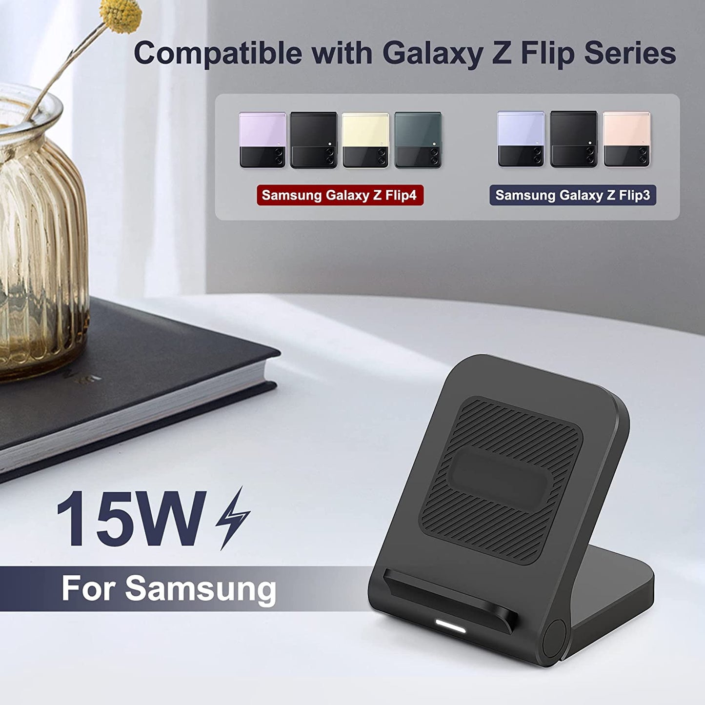 For Samsung Galaxy Z-Flip Wireless Charger: Galaxy Z Flip 4/3/5G Fast Charging Stand, 15W Fast Wireless Charger for Galaxy Z Flip4/Z Flip3/Z Flip 5G, Easy to Carry & Use (QC3.0 Adapter Included)Black  Geyo   