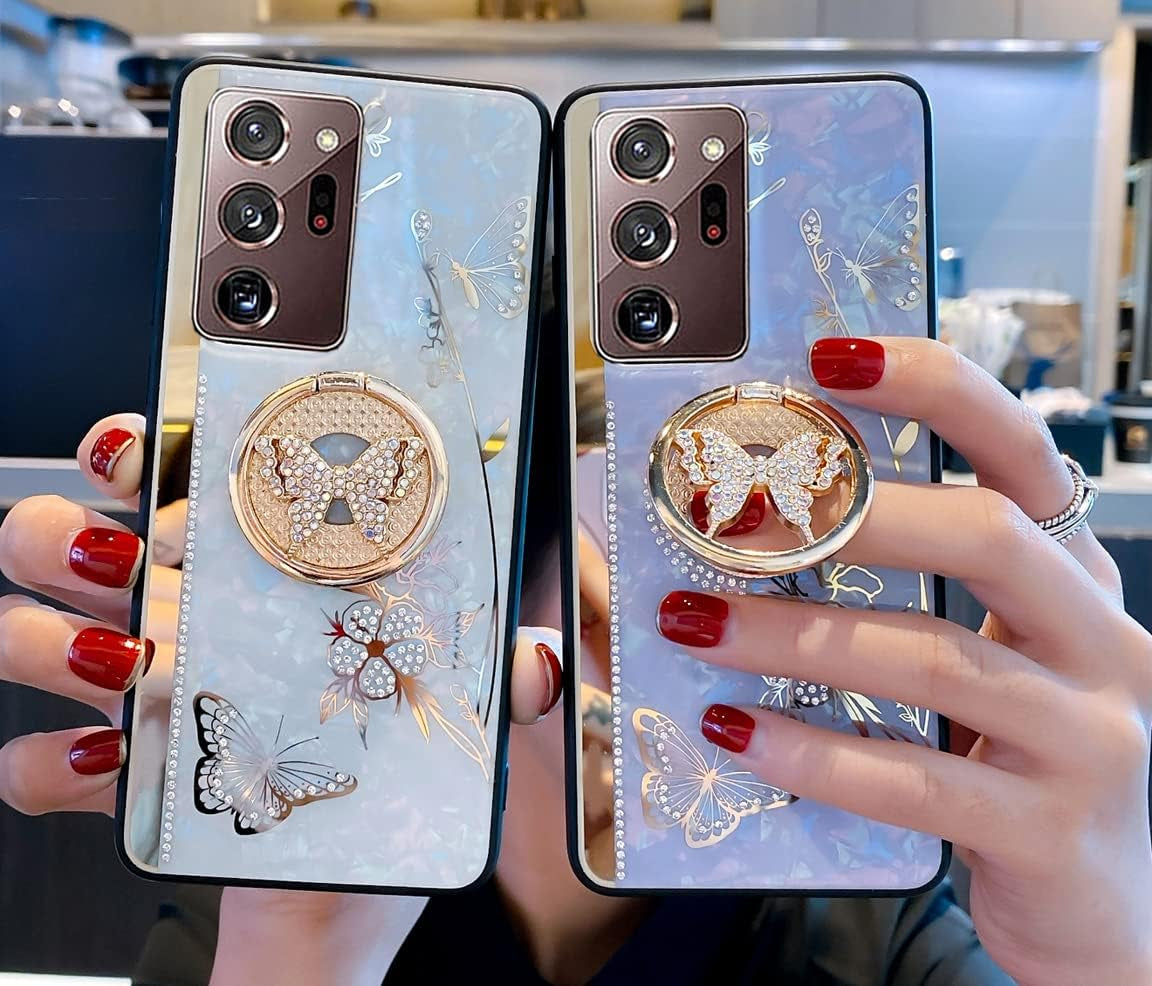 Supshop Note20 for Samsung Galaxy Note 20 5G Case for Women Girl Design with Ring Kickstand,Fashion Cute Bling Diamond Rhinestone Glitter Butterfly Marble Mirror Phone Cover,Purple  SUPSHOP   