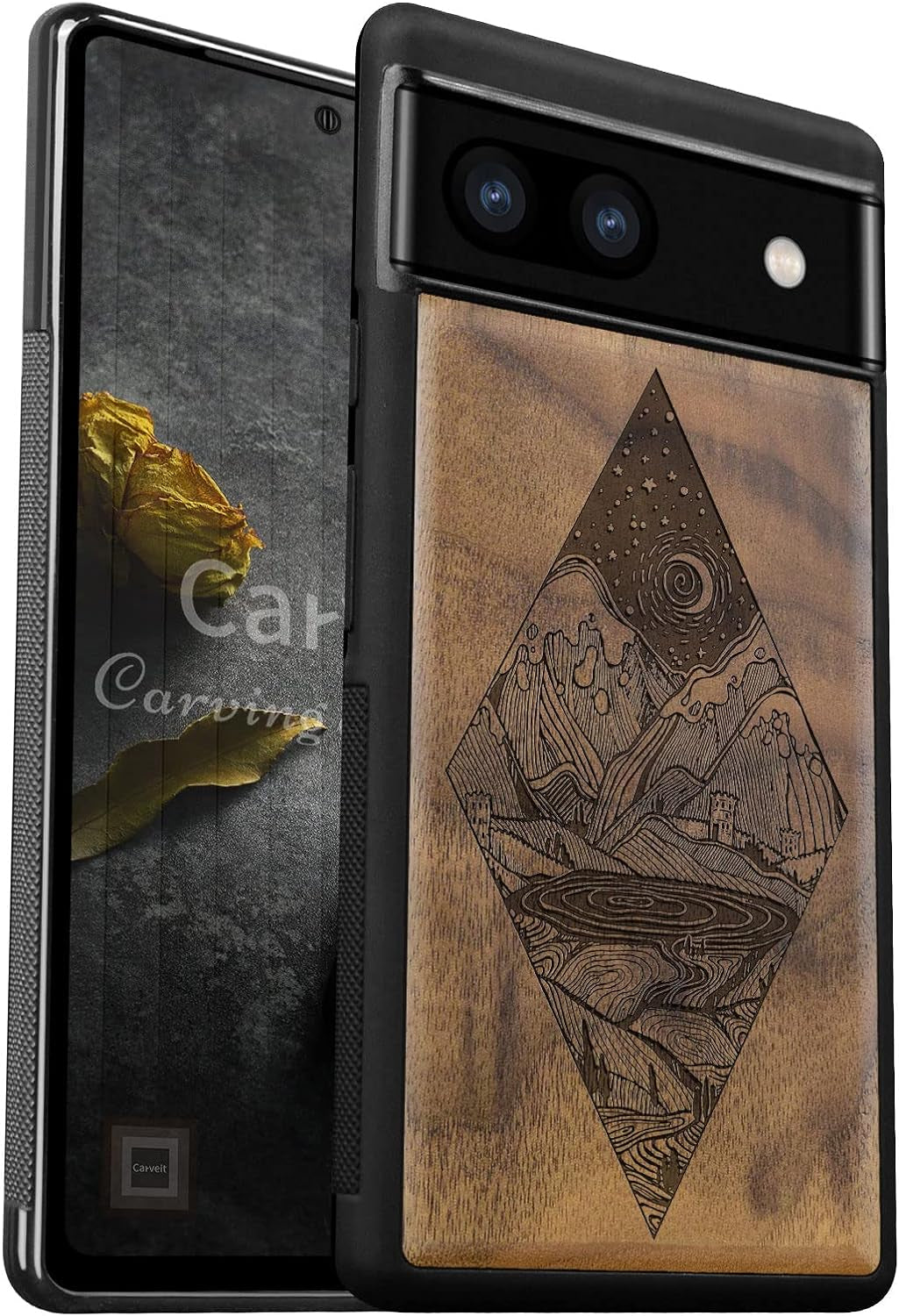 Carveit Wood Case for Pixel 6A Case 2022 [Natural Wood & Black Soft TPU] Shockproof Protective Cover Unique & Classy Wooden Case Compatible with Google Pixel 6A Case (Starry Night-Rosewood)  Carveit Walnut-Pixel 6A Pixel 6A (6.1 Inch) 