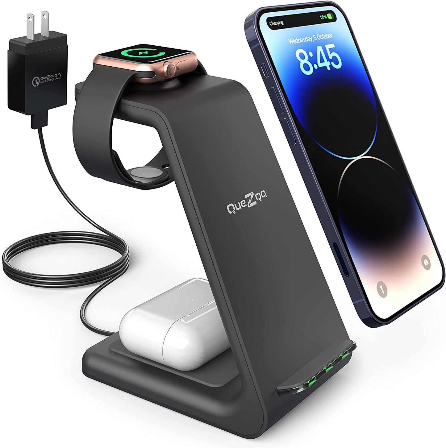 Quezqa Wireless Charging Stand - Fast Wireless Charger - 3 in 1 Charging Station for Apple Airpods Pro 3 2 Apple Watch Ultra 8 7 SE 6 5 4 Iphone 14 Pro Max 14 plus 13 12 11 Pro Max with QC3.0 Adapter  QUEZQA   
