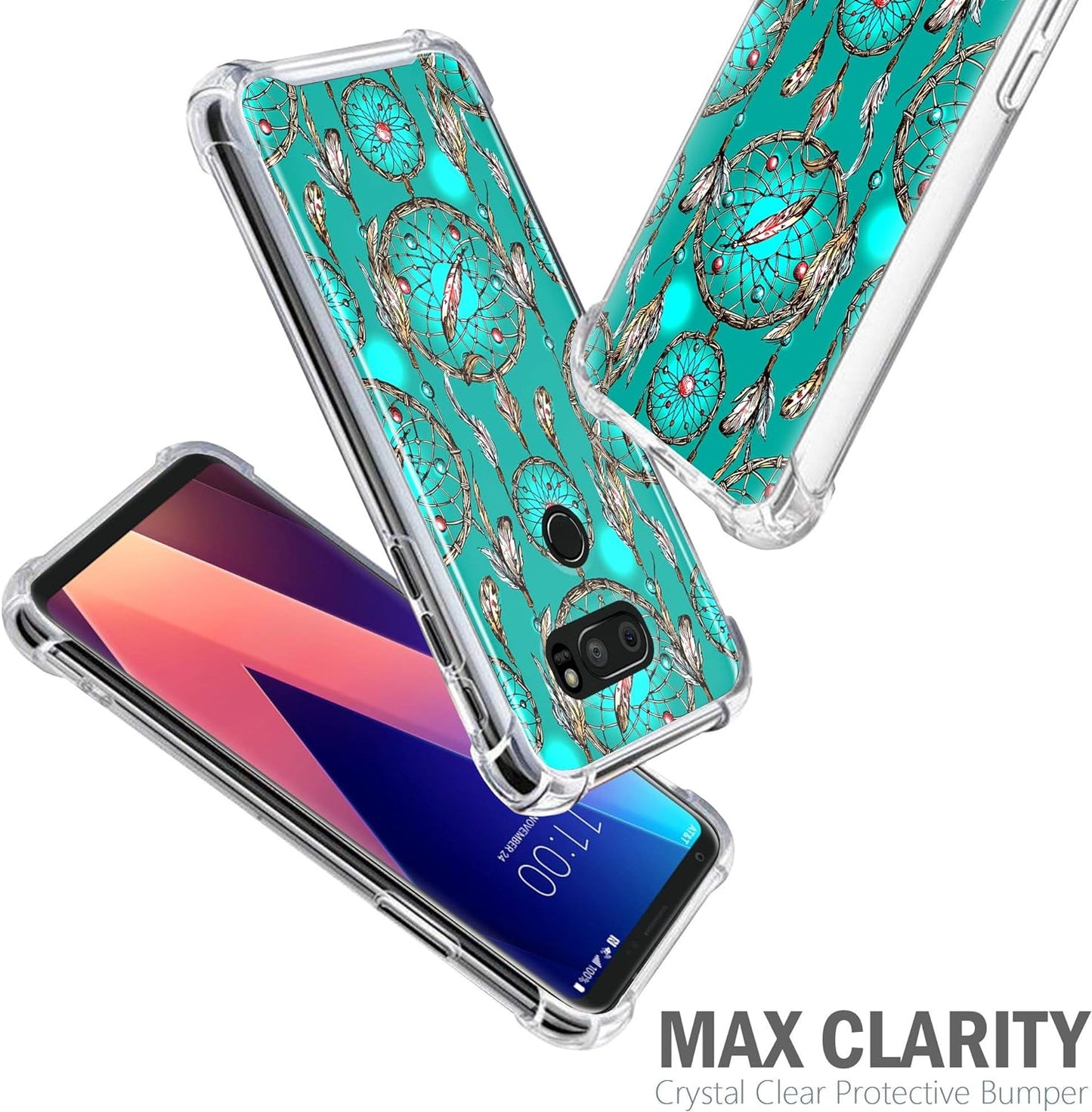 Casesondeck Crystal Case Compatible with [LG V30S Thinq and LG V30] Thin Slim Anti-Slip Grip Case with Bumper Edges Hard Back (Teal Dreamcatcher)  CasesonDeck   