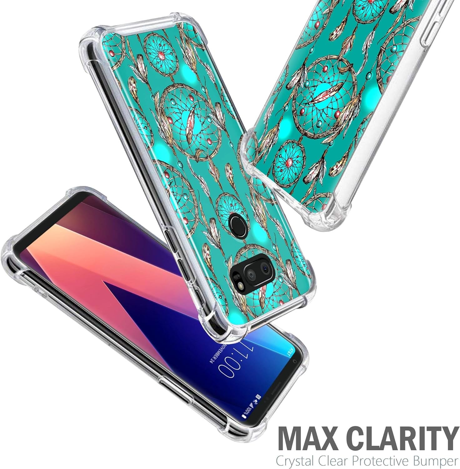 Casesondeck Crystal Case Compatible with [LG V30S Thinq and LG V30] Thin Slim Anti-Slip Grip Case with Bumper Edges Hard Back (Teal Dreamcatcher)  CasesonDeck   