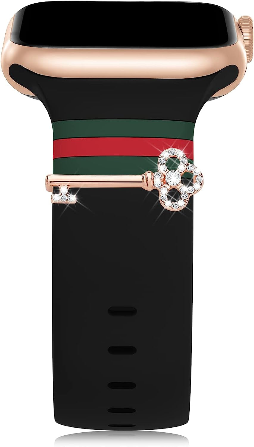 Designer Bands with Charms Decor Compatible with Apple Watch Band 38Mm 40Mm 41Mm 42Mm 44Mm 45Mm 49Mm for Women, Stylish Soft Silicone Sport Strap for Apple Watch Ultra Iwatch Series 8 SE 7 6 5 4 3 2 1  Seizehe Black/Army Green/Red with Drill Key 38mm/40mm/41mm 