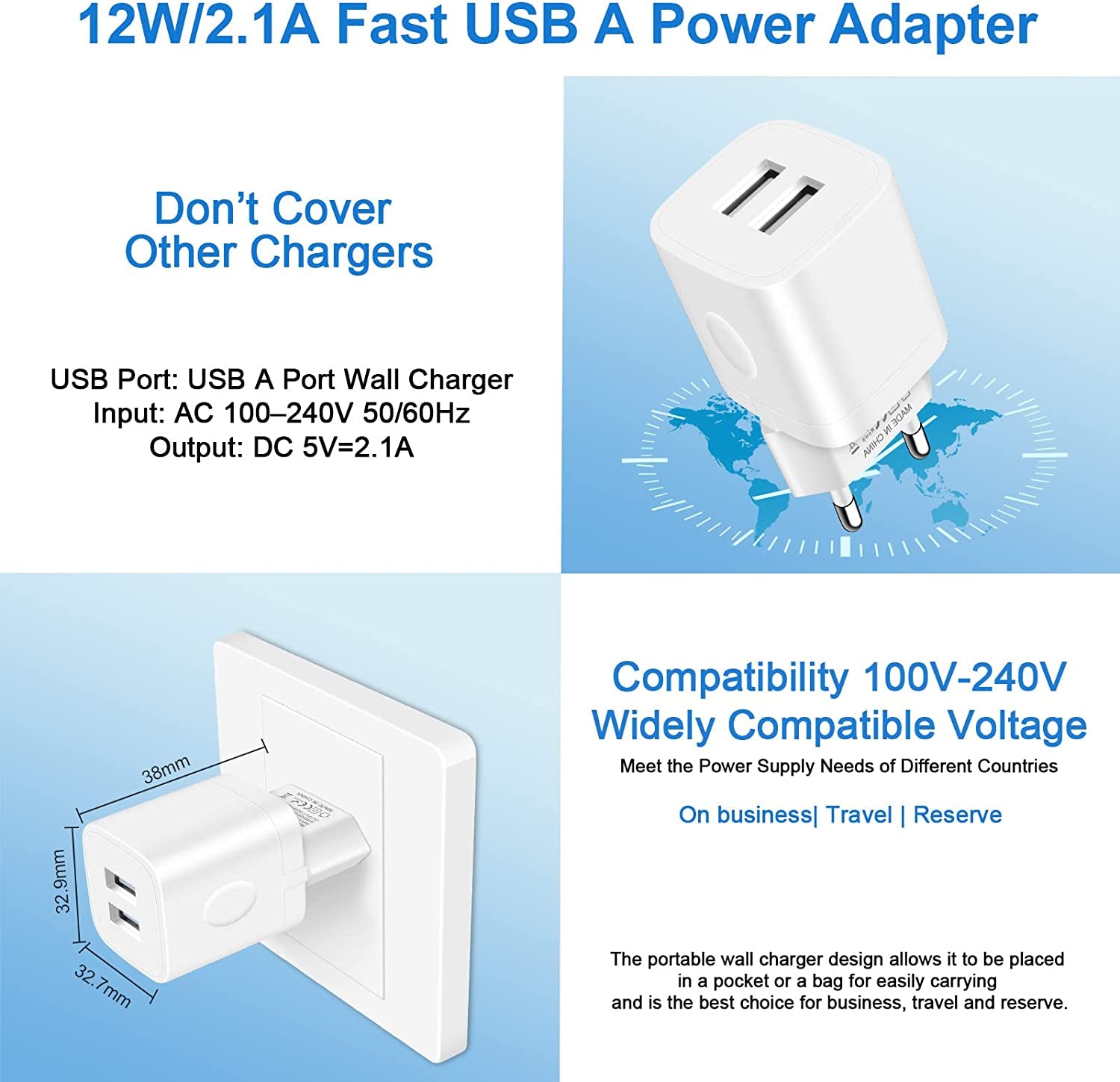 European Travel Plug Adapter Charger for Iphone Samsung Android Phone,International Power Adaptor with 2 Charger Port USB, EU Wall Charging Block Brick Plug in Europe Germany Outlets Power Strip  Shenzhen Putuo Technology Co.,Ltd   