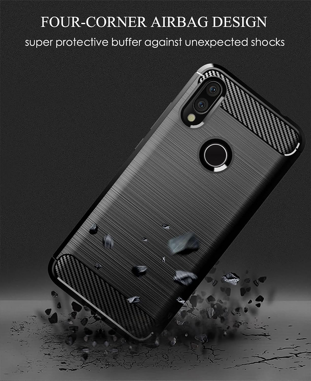 Asuwish Phone Case for Xiaomi Redmi 7/Y3 with Tempered Glass Screen Protector Cover and Cell Accessories Soft Silicone Slim Rubber Full Body Protective Redmi7 Redmiy3 Women Men Carbon Fiber Navy Black  Asuwish   