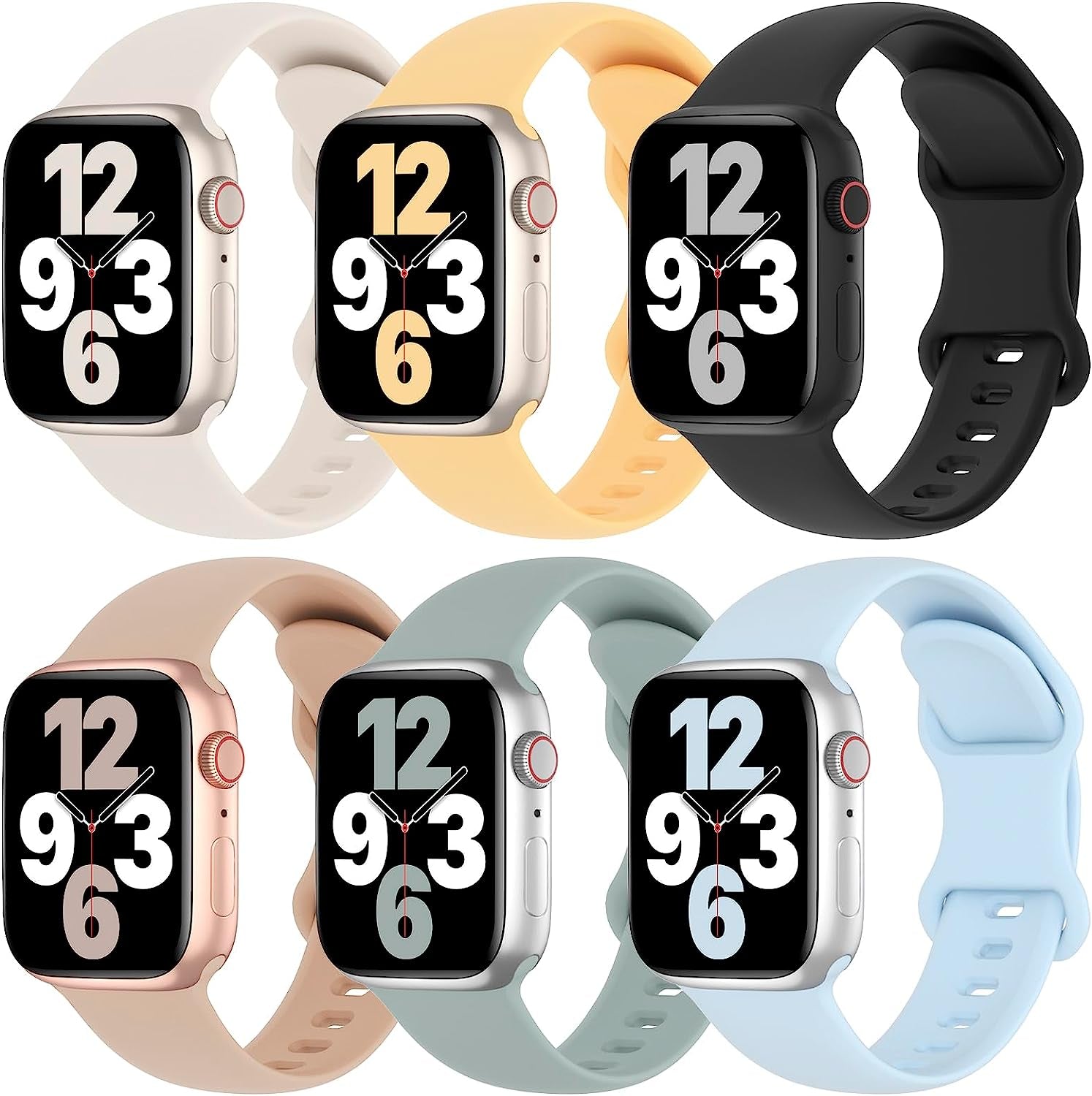 6 Pack Silicone Bands Compatible with Apple Watch Band 38Mm 40Mm 41Mm 42Mm 44Mm 45Mm 49Mm, Soft Sport Waterproof Strap Replacement Wristband for Iwatch Ultra Series 8 SE 7 6 5 4 3 2 1 Women Men  Slimband Starlight/Sunglow/Black/Milk Tea/Succulent/Fog Blue 42mm/44mm/45mm/49mm 