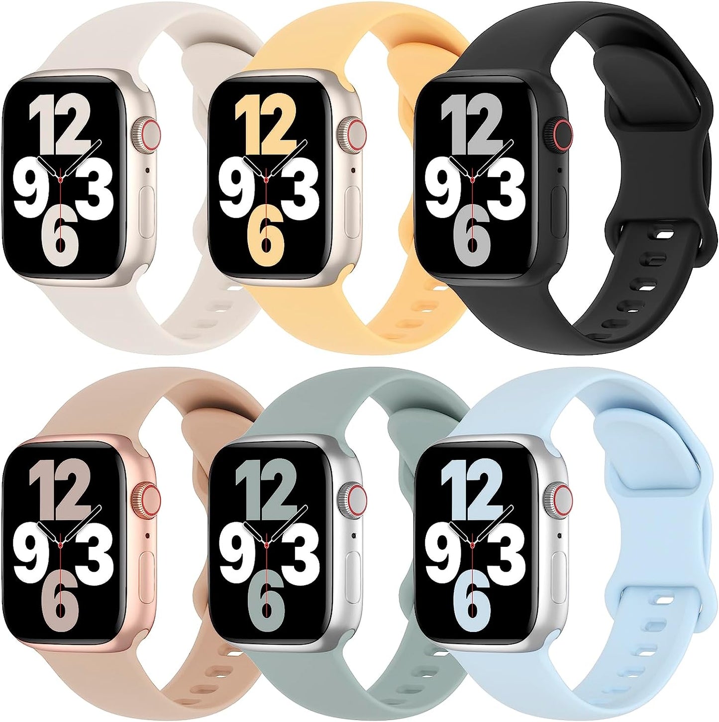 6 Pack Silicone Bands Compatible with Apple Watch Band 38Mm 40Mm 41Mm 42Mm 44Mm 45Mm 49Mm, Soft Sport Waterproof Strap Replacement Wristband for Iwatch Ultra Series 8 SE 7 6 5 4 3 2 1 Women Men  Slimband Starlight/Sunglow/Black/Milk Tea/Succulent/Fog Blue 42mm/44mm/45mm/49mm 