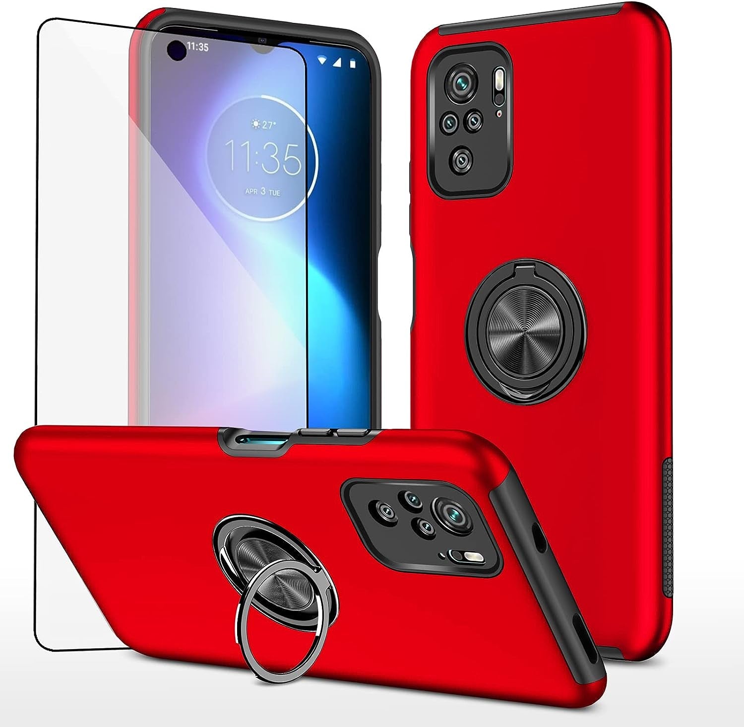 Asuwish Compatible with Xiaomi Redmi Note 10/10S 4G Case and Tempered Glass Screen Protector Cover Slim Magnetic Ring Holder Cell Accessories Phone Cases for Redme Note10 S Note10S Women Men Red  Asuwish   